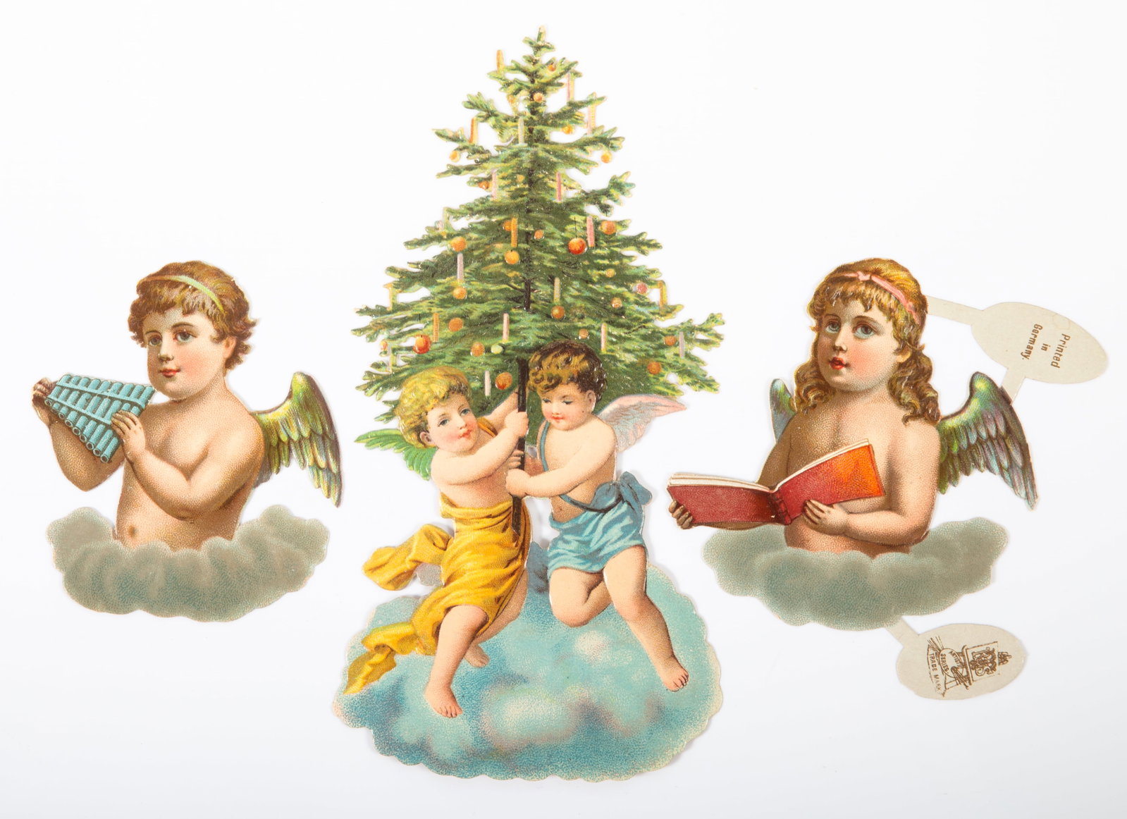 (3) VINTAGE GERMAN CHRISTMAS DIECUTS: Embossed paper; height range 3.75" - 6.75"; normal wear, VG-EX