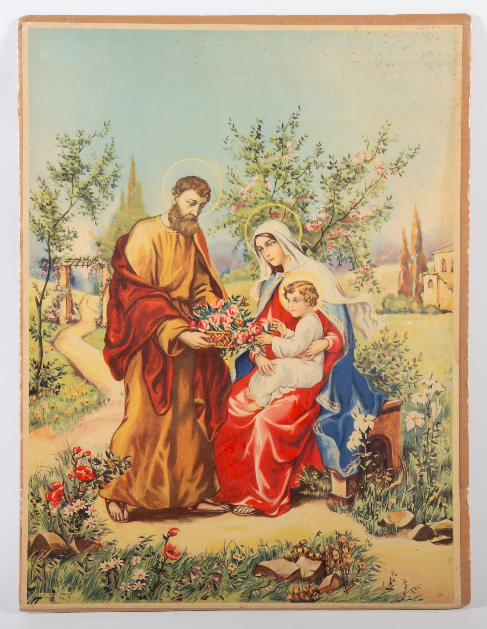 1920'S RELIGIOUS HOLY FAMILY PRINT: W-20"xH-15.25"; *slight top edge foxing, VG