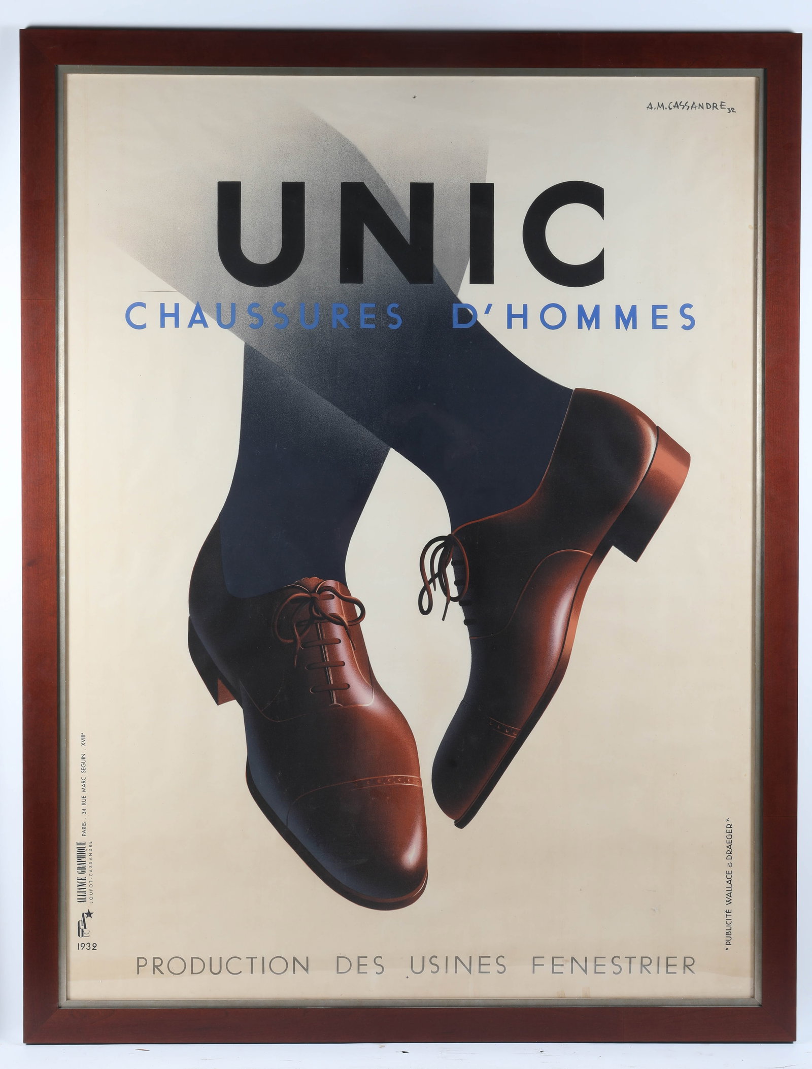 FRAMED ADVERTISING POSTER FOR "UNIC" SHOES: Designed by A.M. Cassandre, 1932 - frame H-69"xW-53"; normal wear, G-VG