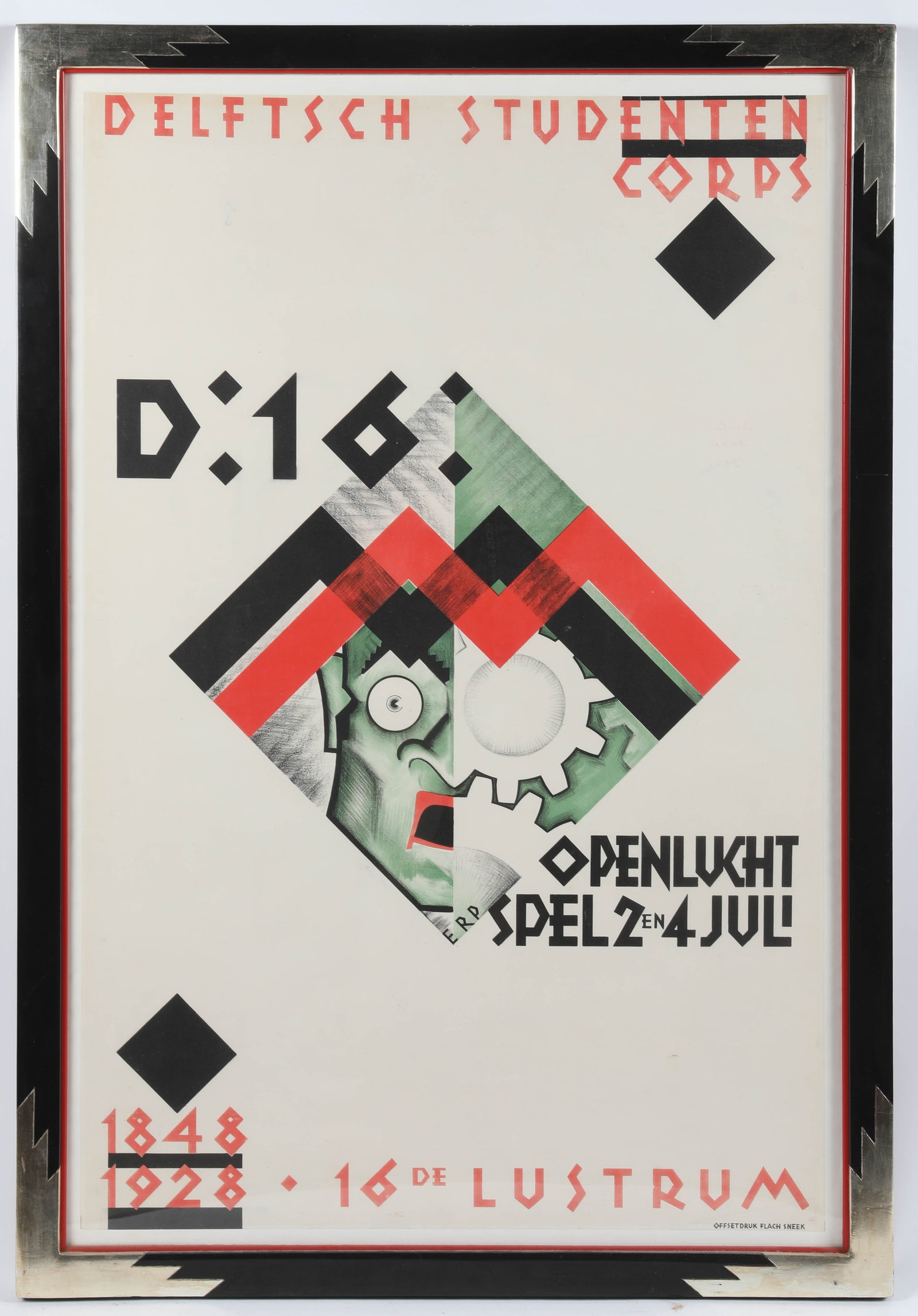 FRAMED 1928 POSTER FOR PLAY, "D:16": Created by John W.T. Van Erp for "Delftsch Studenten Corps"; custom frame H-44"xL-30"; normal wear, G