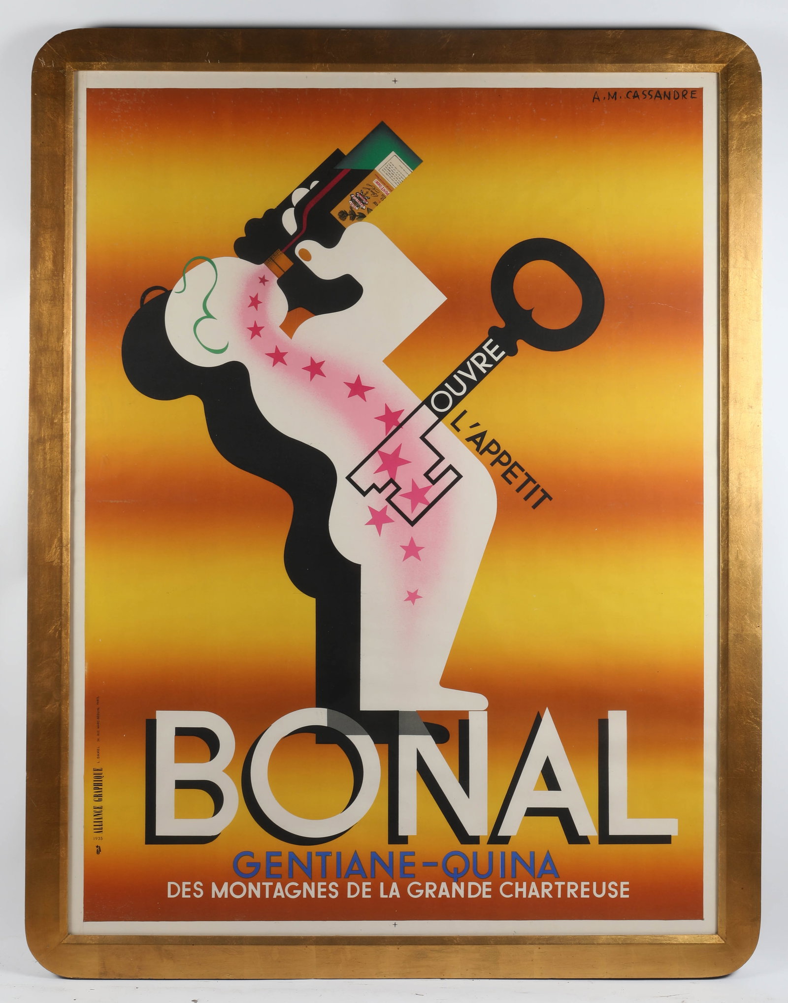 FRAMED ART DECO ADVERTISING POSTER: For "Bonal Gentiane-Quina"; design by A.M. Cassandre; frame H-69"xL-53 1/2"; normal wear, G-VG