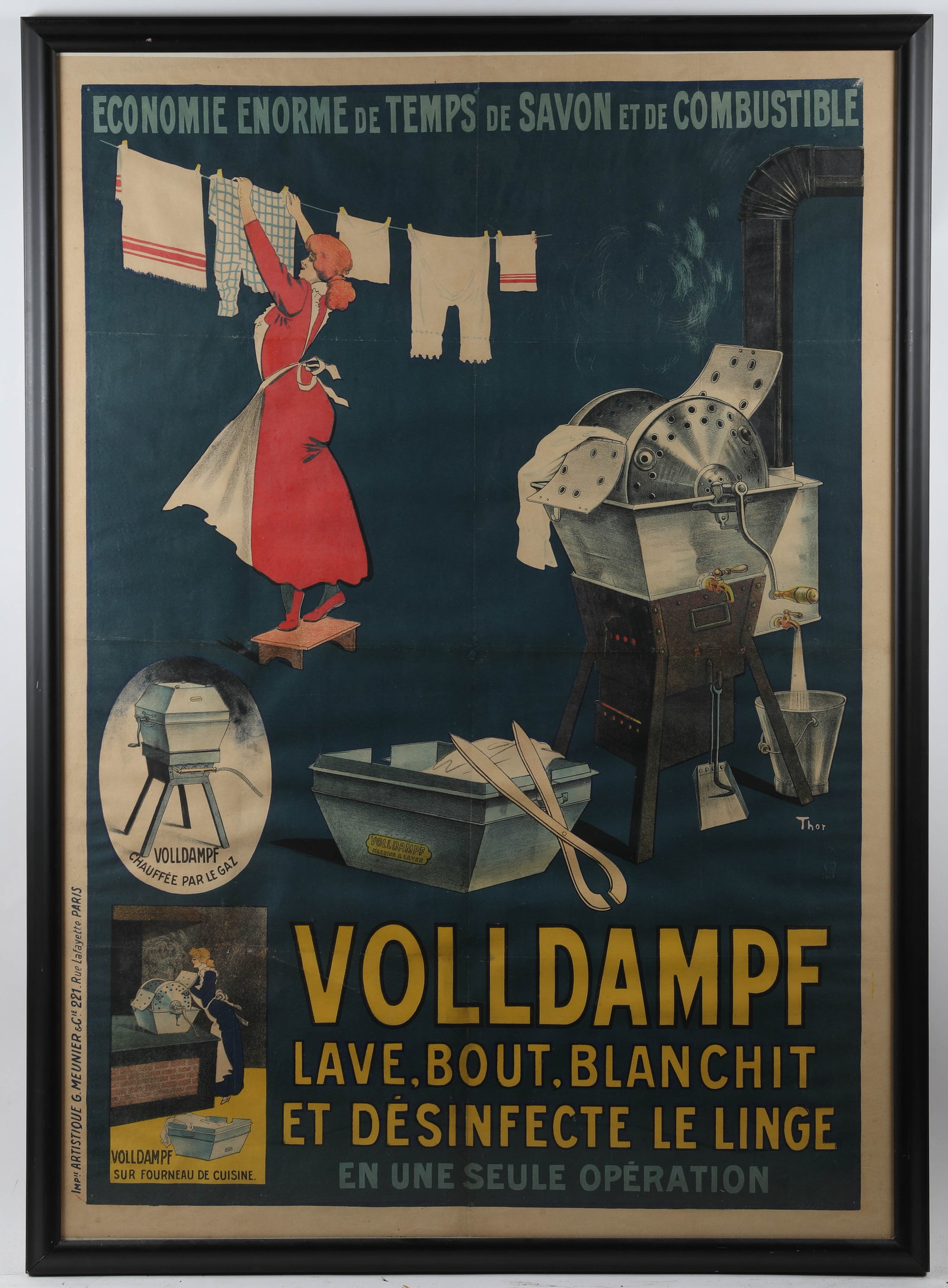 VOLL DAMPH LAUNDRY POSTER: Washday poster/litho; artistique G.Meunier-Thor; frame 56"x40"; fold lines, slight rippling, some toning, G-G+