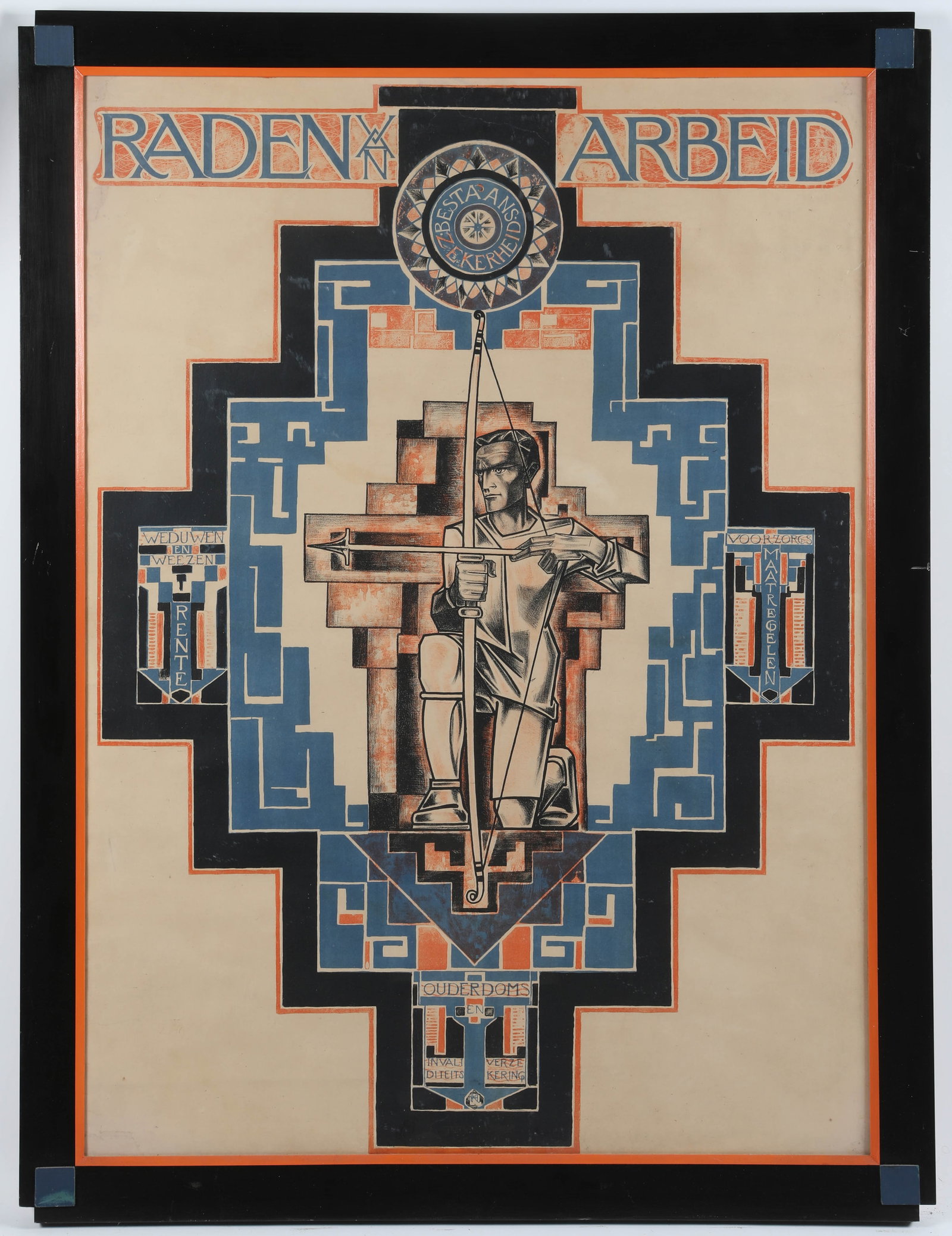FRAMED DUTCH ADVERTISING POSTER: Titled "Raden Van Arbed" ("Labor Board"); designed by Richard Roland Holst; designer custom frame H-48"xL-36", G-VG