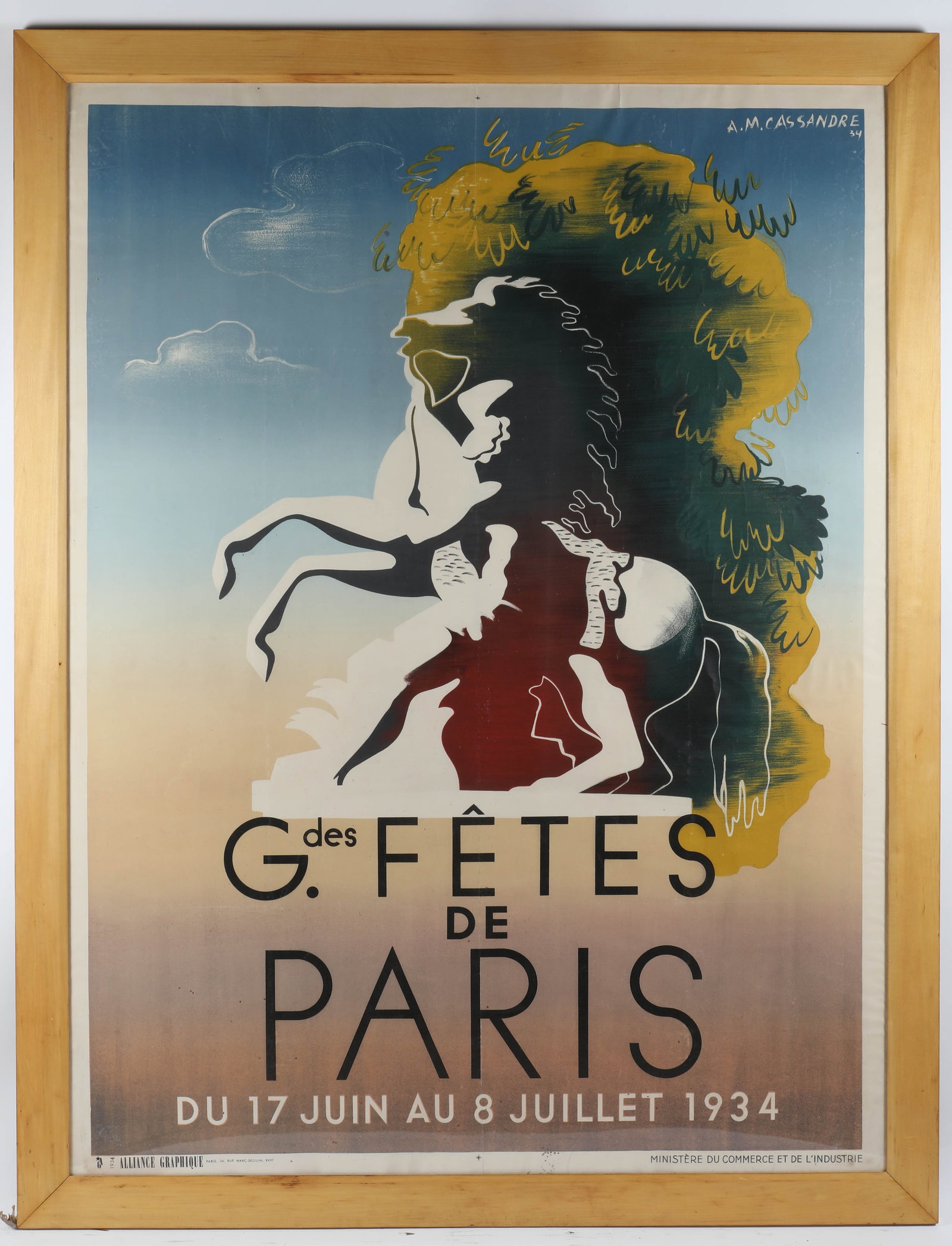 FRAMED POSTER, "G. DES FETES DE PARIS": Designed by A.M. Cassandre "34"; Alliance Graphique; frame H-69"xL-53 1/2"; some edge tears; normal wear, G-VG