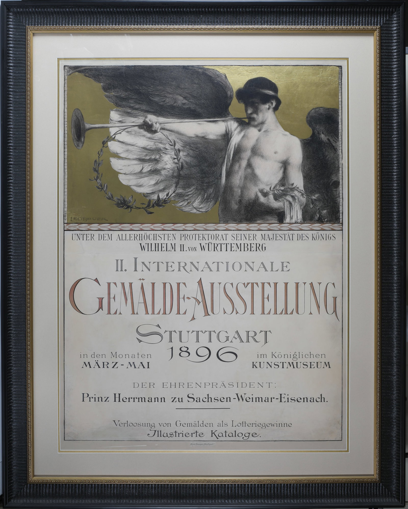 FRAMED ADVERTISING POSTER: International Painting Exhibition in Stuttgart, 1896 - artwork designed by Leo Bauer, Max Seeger - Stuttgart; image 36"x35 1/2" - frame 52"x42"