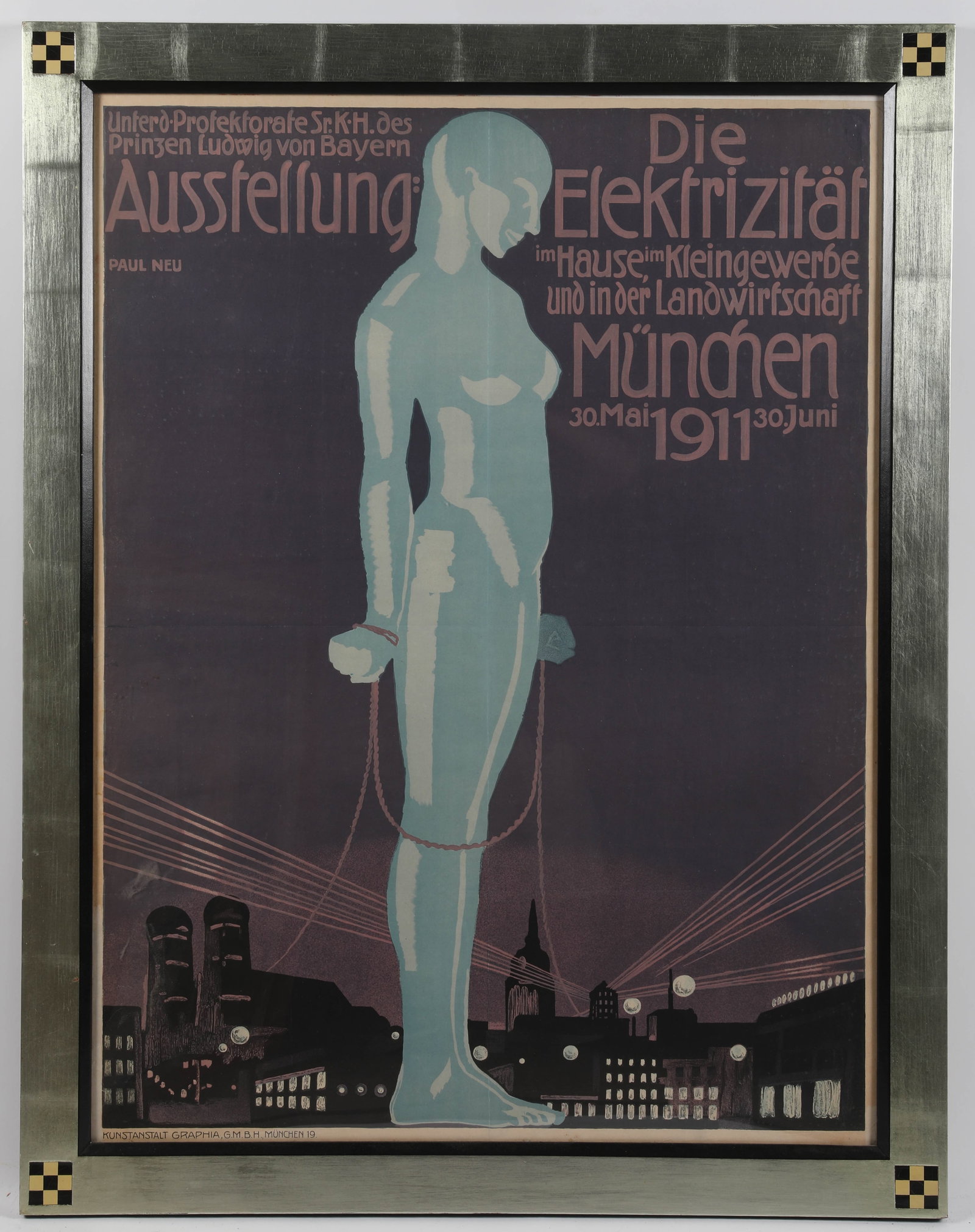 AUSSFELLUNG: DIE ELEKFRIZIFAF POSTER: Munchen 1911; Kunstanstalt Graphia, Paul Neu - frame 42"x33"; minor fold lines, VG-EX