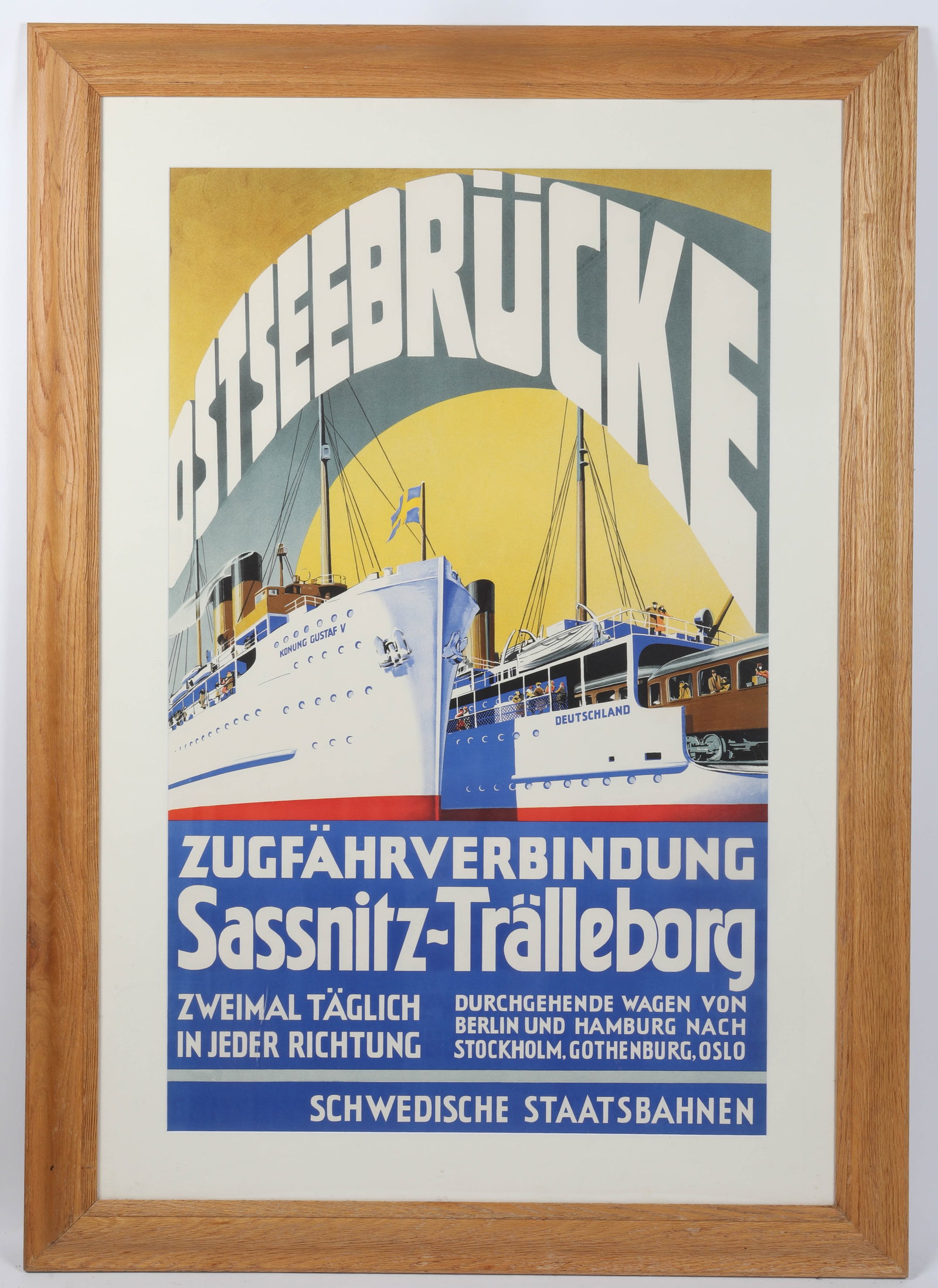 OSTSEEBRUCKE POSTER: Schwedische Staatsbahnen - passenger ship poster; information blocked by matting; frame 50"x35", VG-EX