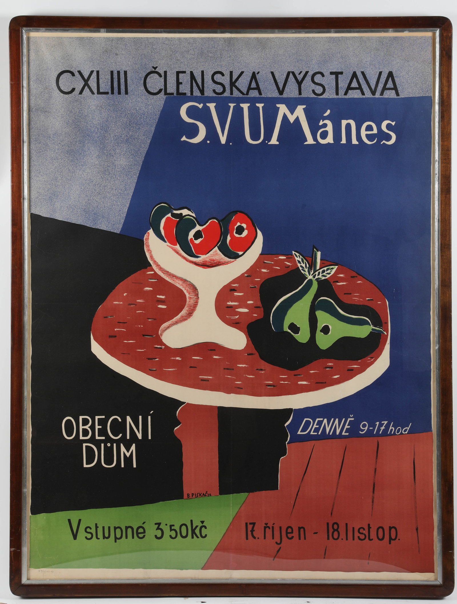 FRAMED VINTAGE POSTER: For a "SVU Maines" exhibit in Prague; writing is Czechoslovakian; designed by B. Piskac "28"; frame H-51 1/2"xL-31 1/2", G
