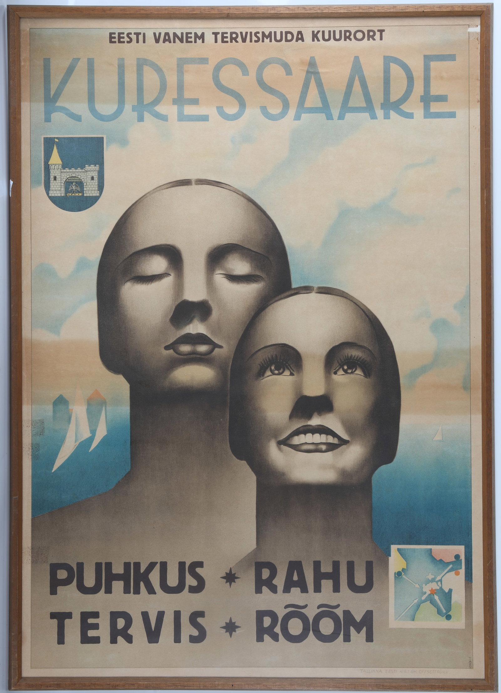 FRAMED TRAVEL POSTER: For resort in Estonia, "Kuressaare" with map insert bottom right; text at bottom indicates printed in Tallinn, Estonia; H-40"xL-28 1/2"