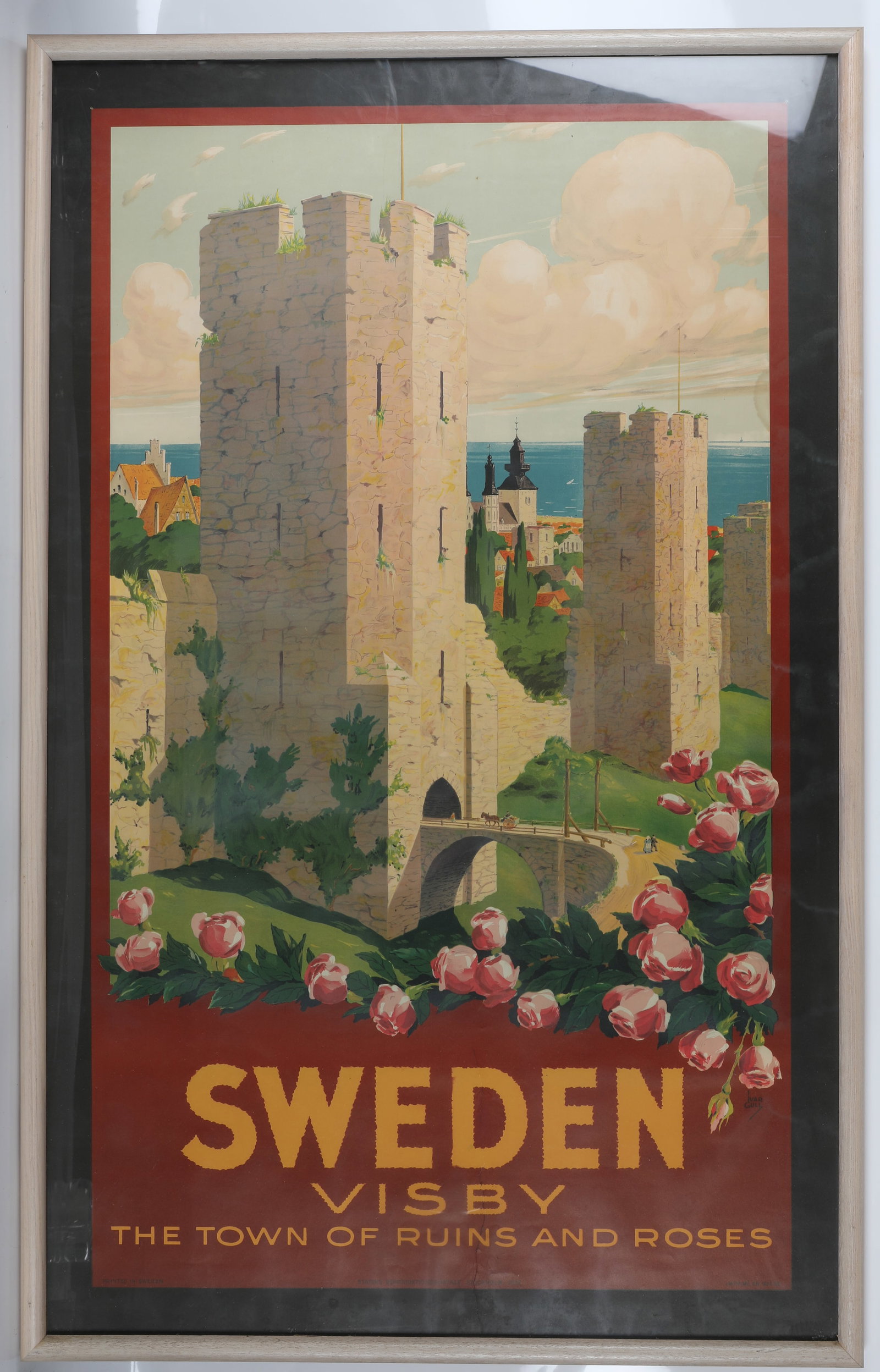 1937 TRAVEL POSTER FOR VISBY, SWEDEN: The Town of Ruins and Roses"; Stockholm 1837; frame 40 1/2"x25 1/2