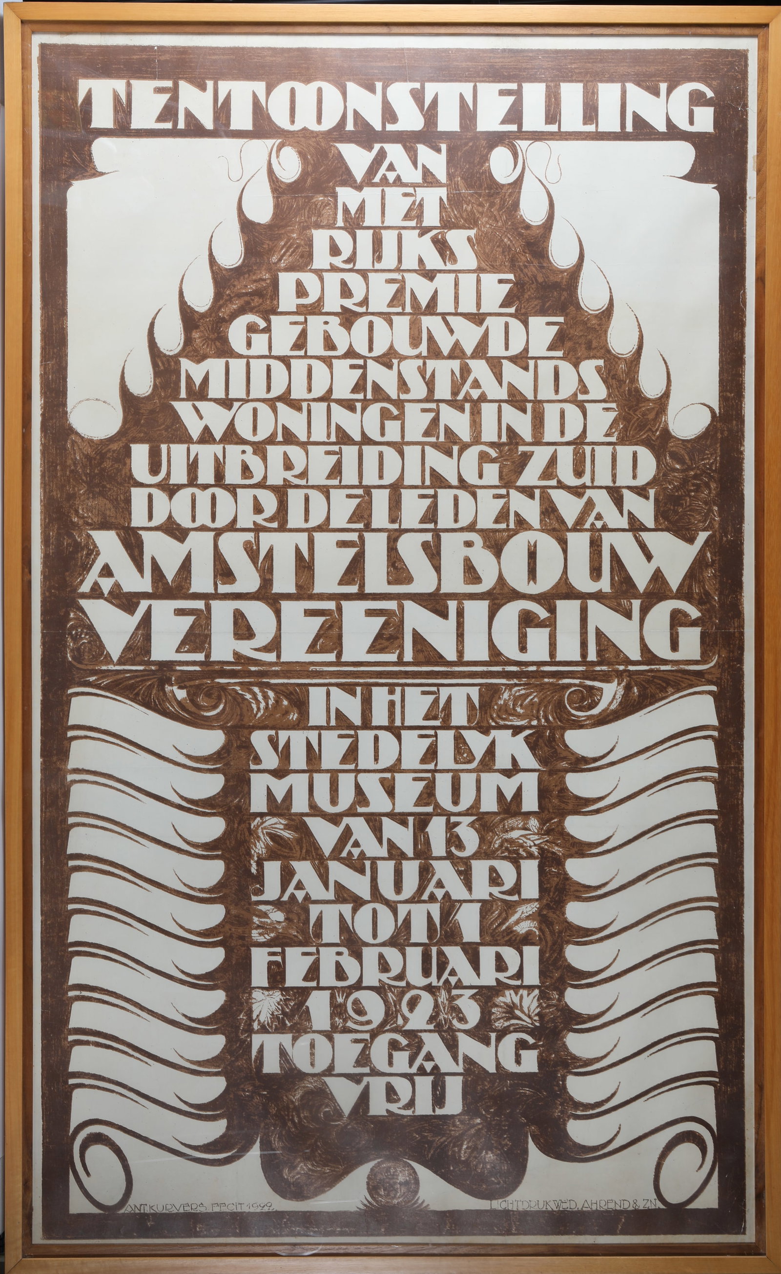 FRAMED 1923 VINTAGE ADVERTISING POSTER: Designed by Anton Kurvers for the Amstelsbouw Association; exhibition held at Stedelijk Museum; H-57"xL-35", G