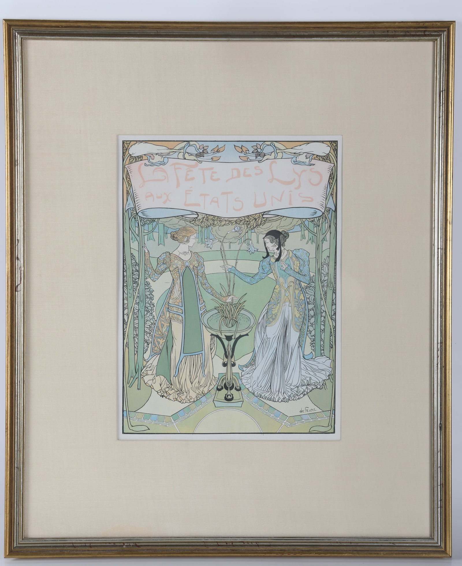FRAMED LITHOGRAPH: "La Fete des Lys aux Etat-Unis"; festival of lilies in the Unites States; signed by Georges De Feure; image 13"x9 1/2" - frame 22"x19", VG