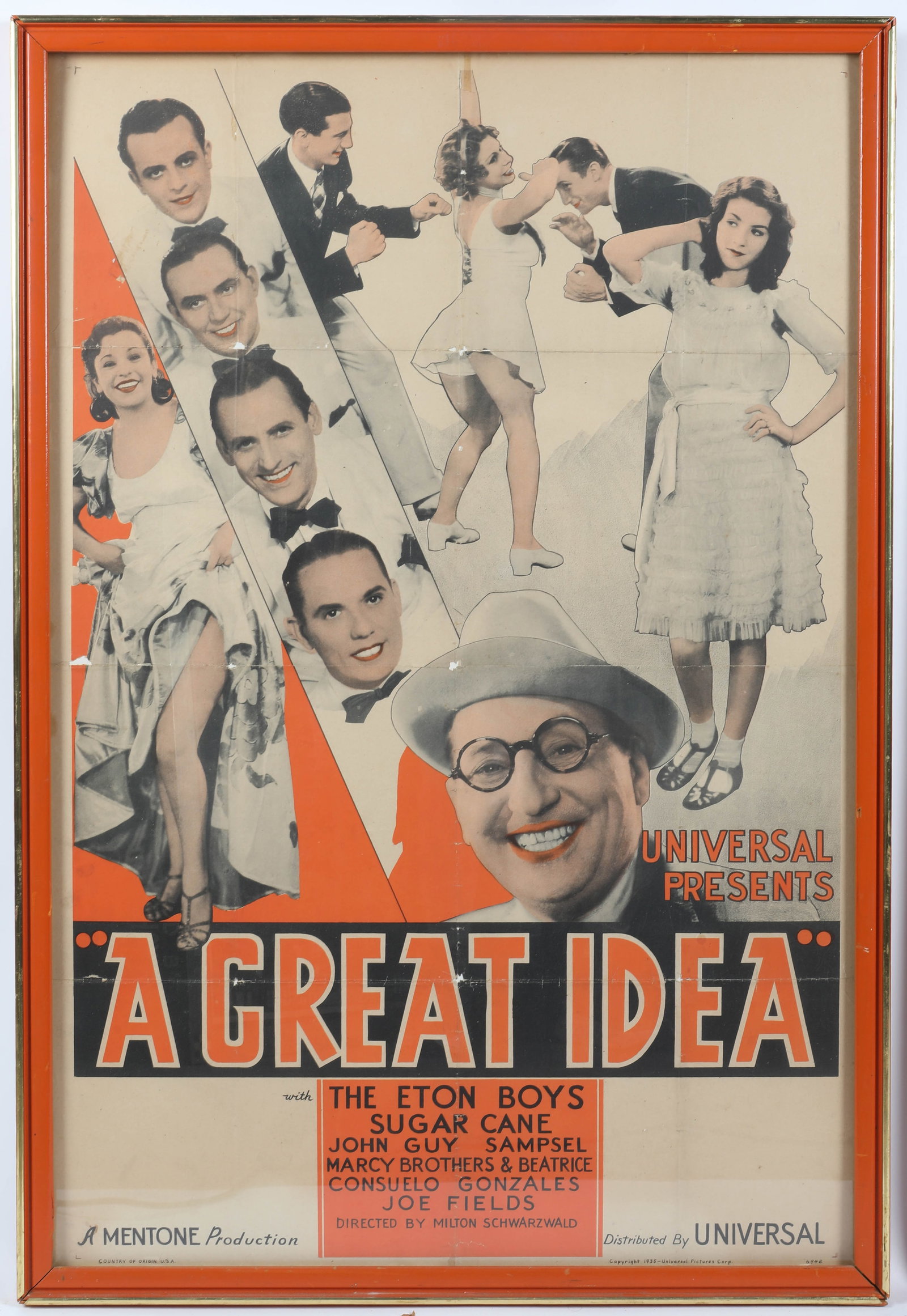 "A GREAT IDEA" MOVIE POSTER: Mentone Production, 1935 Universal Pictures; frame 42"x28"; some toning, central holes at folds, F
