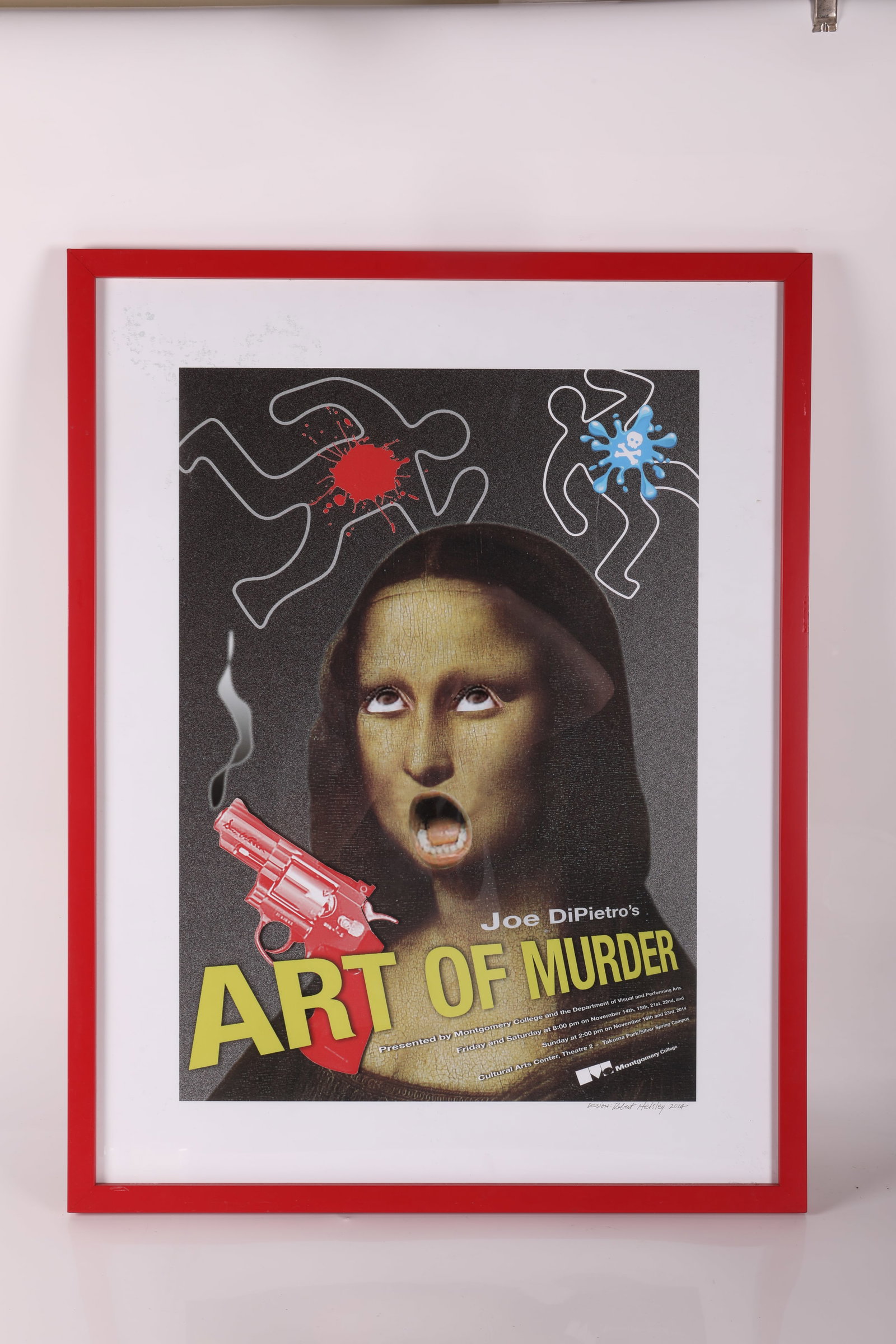 ROBERT HELSLEY DESIGNED THEATRICAL POSTER: Art of Murder" for Montgomery College 2014; signed lower right; frame 31 1/2"x24