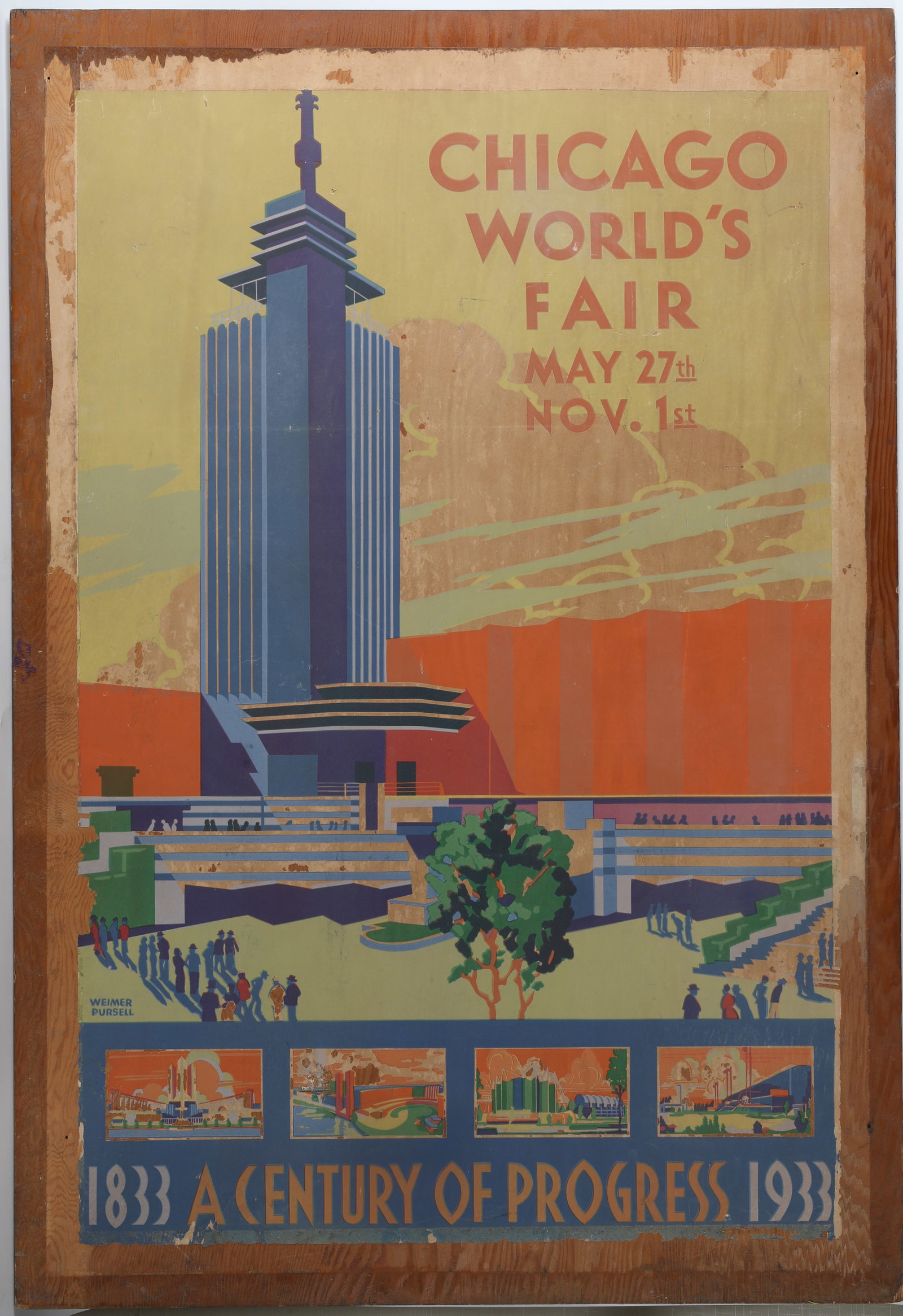 VINTAGE CHICAGO WORLD'S FAIR POSTER: Mounted on wood - "1833 A Century of Progress 1933"; designed by Weimer Pursell; H-44"xL-30", F
