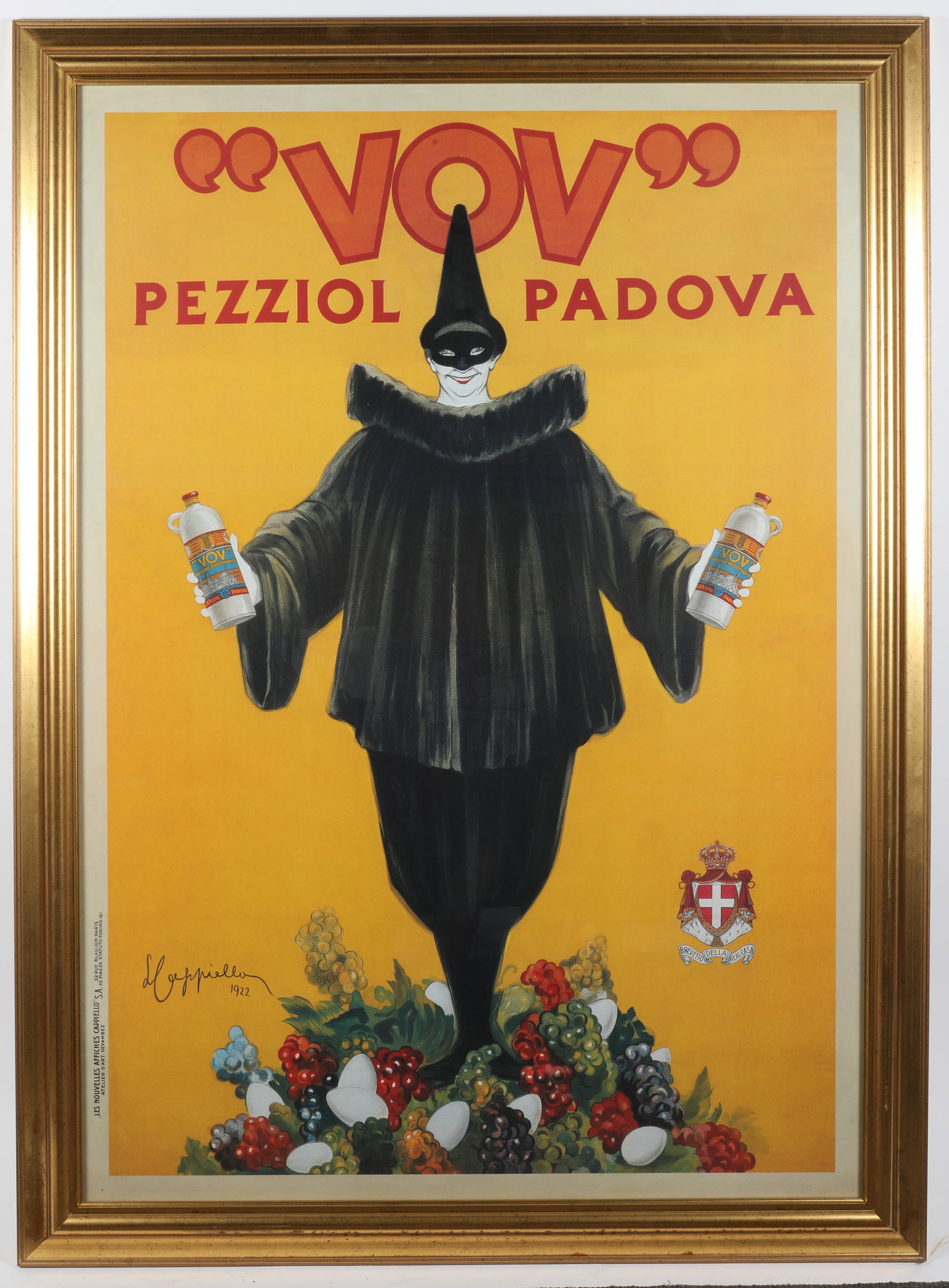 "VOV" LIQUEUR POSTER: Reproduction 1922 Cappiello for the Italian Egg liqueur; frame 60"x44"; normal wear, VG-EX