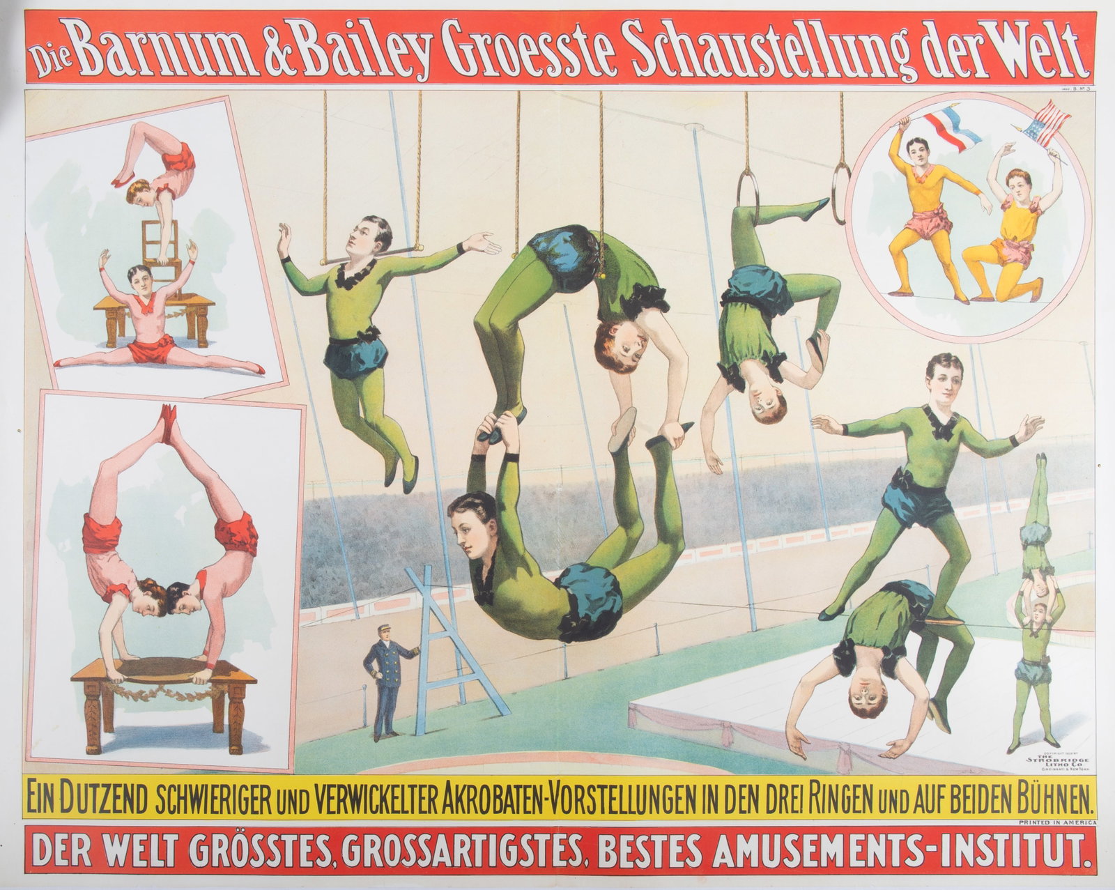 BARNUM & BAILEY CIRCUS POSTER: Strobridge Litho Co., copyright 1900; for German market; laid on canvas; 30"x40"; normal wear, VG-EX