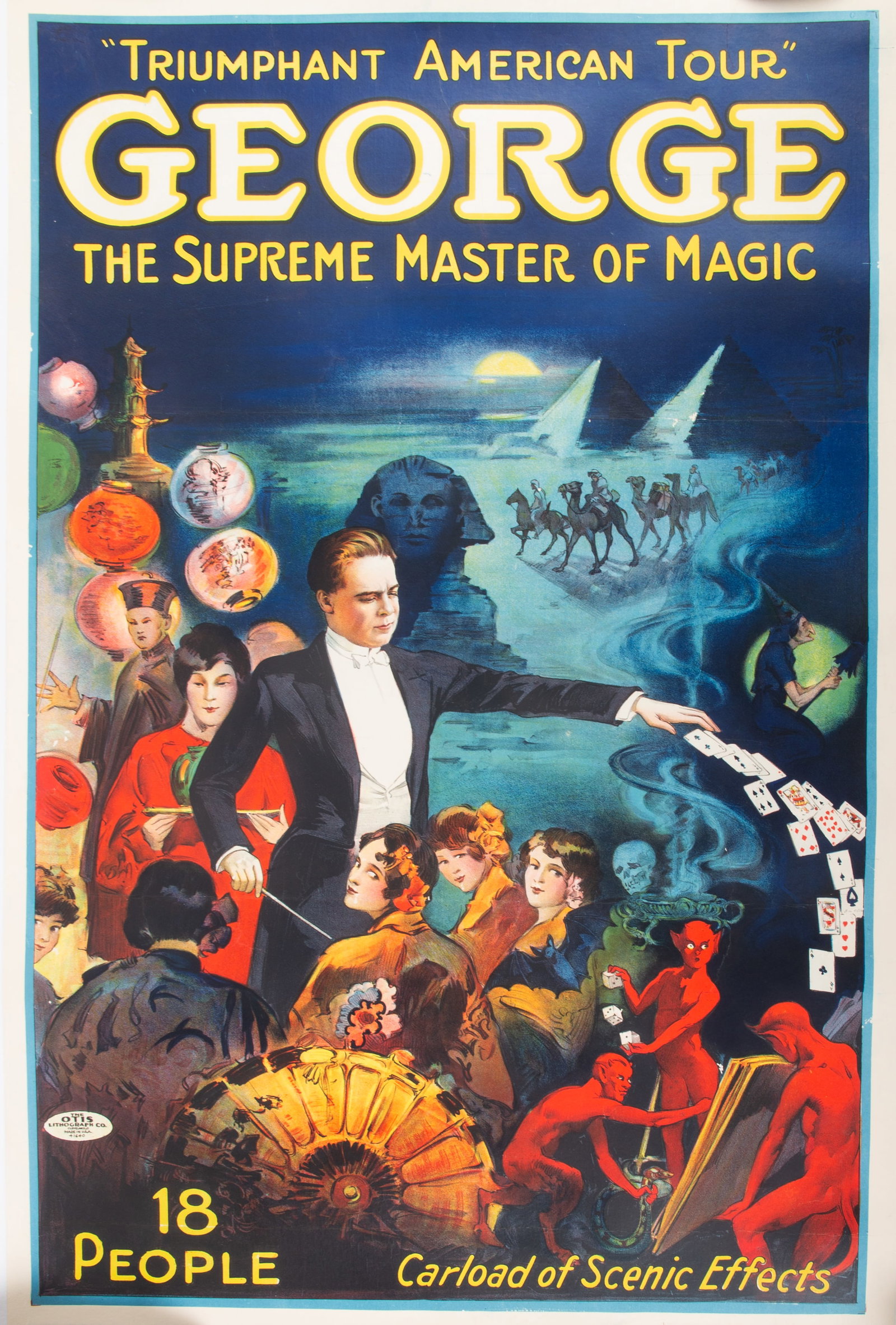 "GEORGE, THE SUPREME MASTER OF MAGIC" POSTER: "Triumphant American Tour"; Otis Lithograph Co.; for American market; laid on canvas; 26"x40"; normal wear, VG-EX