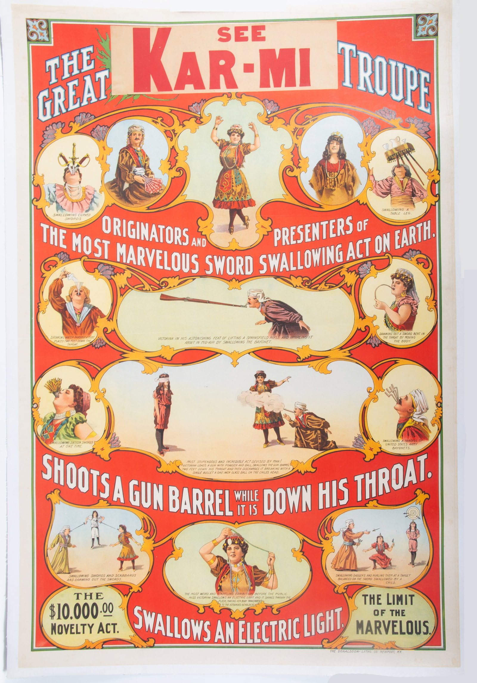 "SEE 'KAR-MI'" TROUPE CIRCUS POSTER: "The Great Troupe"; Donaldson Litho Co., Newport, KY.; for American market; laid on canvas; 28"x42"; normal wear, VG-EX