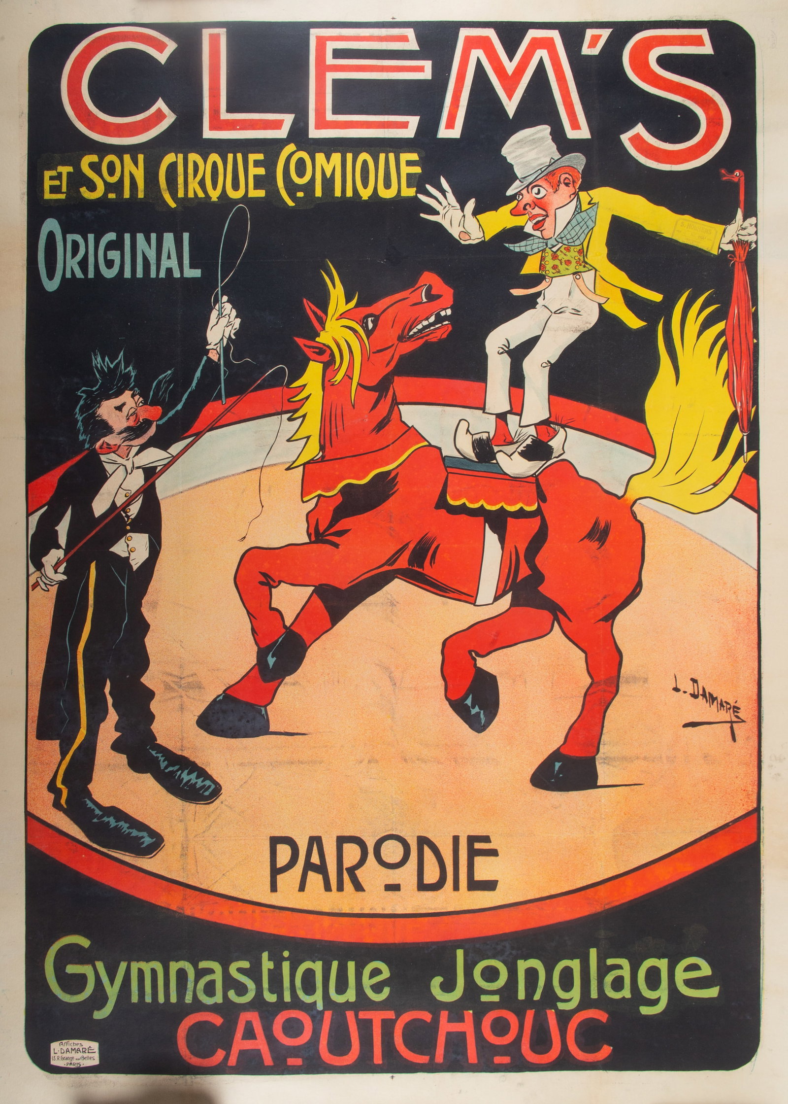 CLEM'S ET SON CIRQUE CIRCUS POSTER: Affiches L. Damare, Paris; for French market; laid on canvas 37"x52"; normal wear, VG-EX