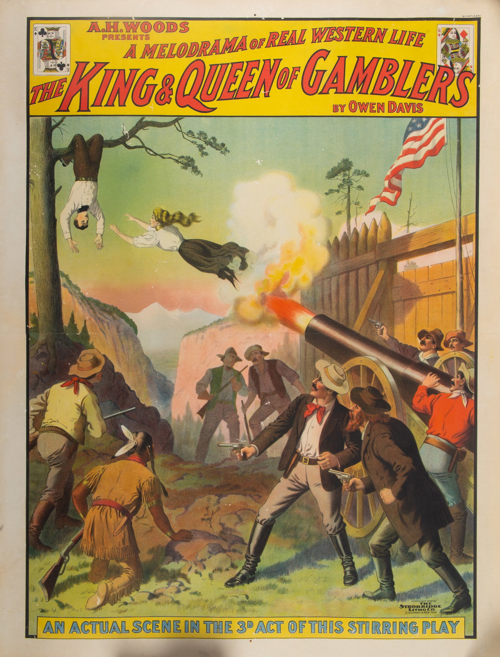 "THE KING AND QUEEN OF GAMBLERS" PLAY POSTER: By Owen Davis; Strobridge Litho Co. copyright 1907; N.Y. No. 12341; for American market; laid on canvas; 30"x40"; normal wear, VG-EX