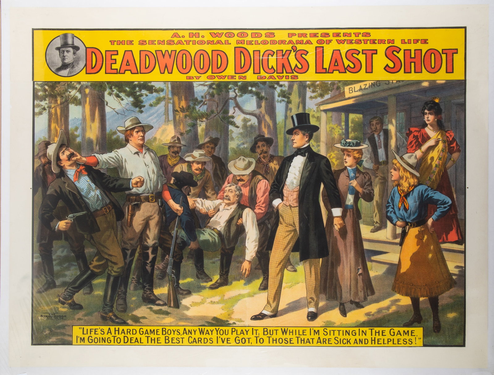 "DEADWOOD DICK'S LAST SHOT" PLAY POSTER: By Owen Davis; Strobridge Litho Co. copyright 1907; for American market; laid on canvas; 30"x40"; normal wear, VG-EX