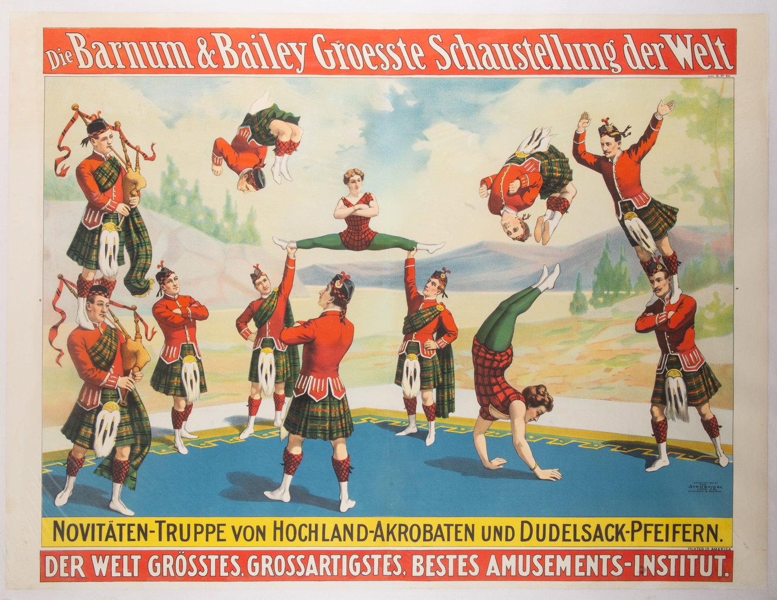 BARNUM & BAILEY CIRCUS POSTER: Strobridge Litho Co. copyright 1900; for German market; laid on canvas; 30"x40"; normal wear, VG-EX