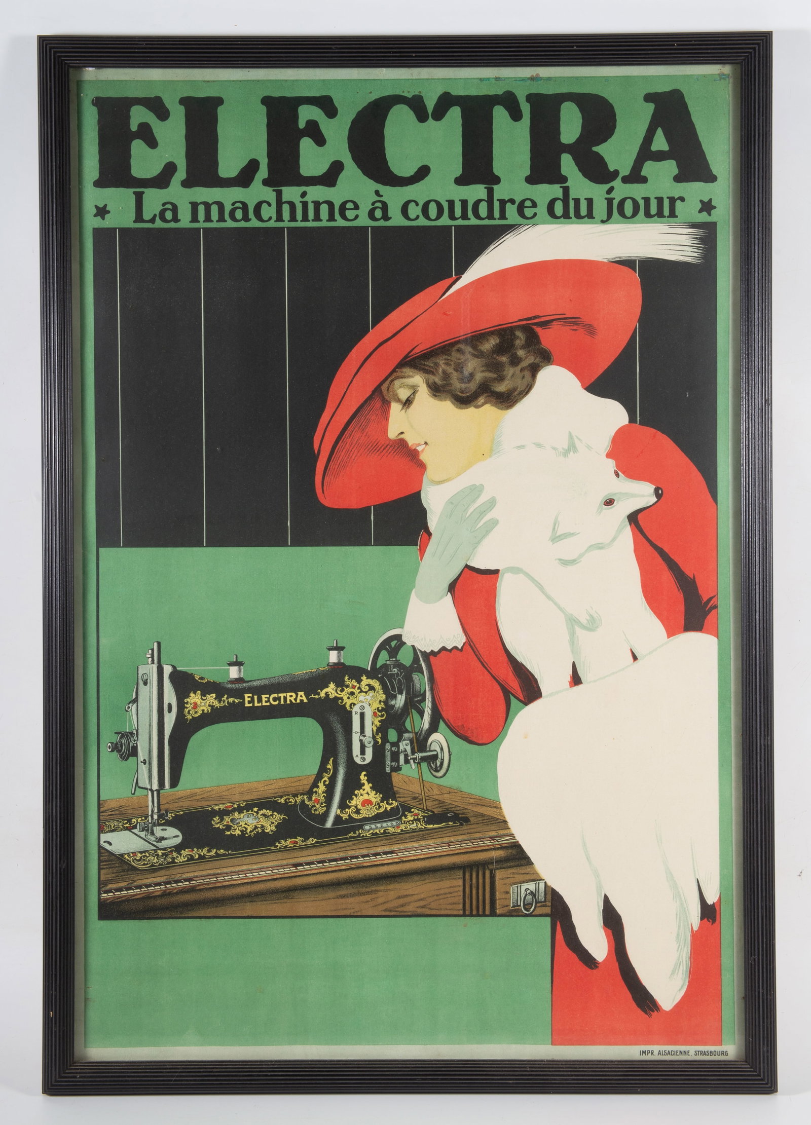 ELECTRA SEWING MACHINE POSTER: Colorful paper litho - "Impr. Alsacienne, Strasbourg" - purchased Swann Galleries 08/05/1998; image 30"x20" - frame 32"x22"; normal wear, VG-EX
