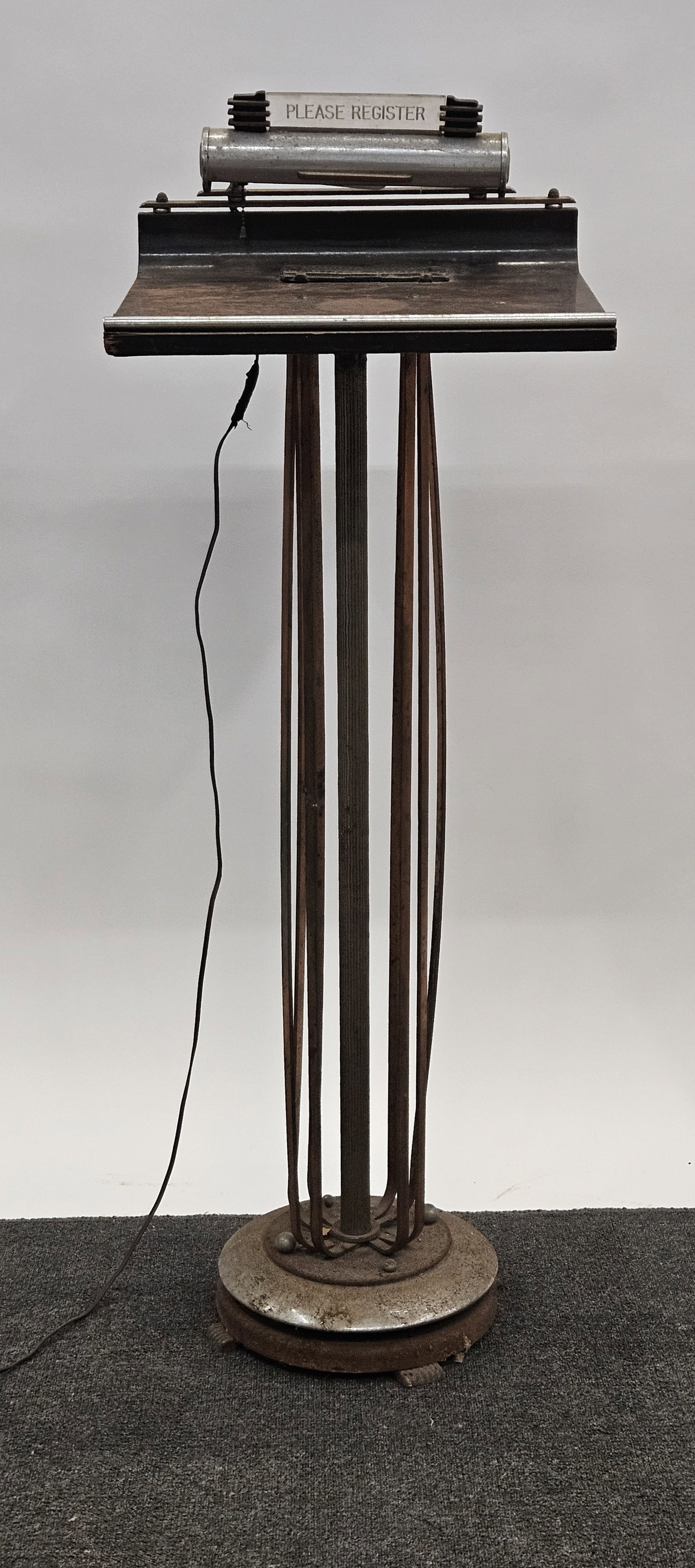 DECO REGISTRY STAND: Oak surface with chrome and steel columns and base; lights but needs new cord; H-50"xW-18"; wood surface is rough, metal pitting and rust, P-F