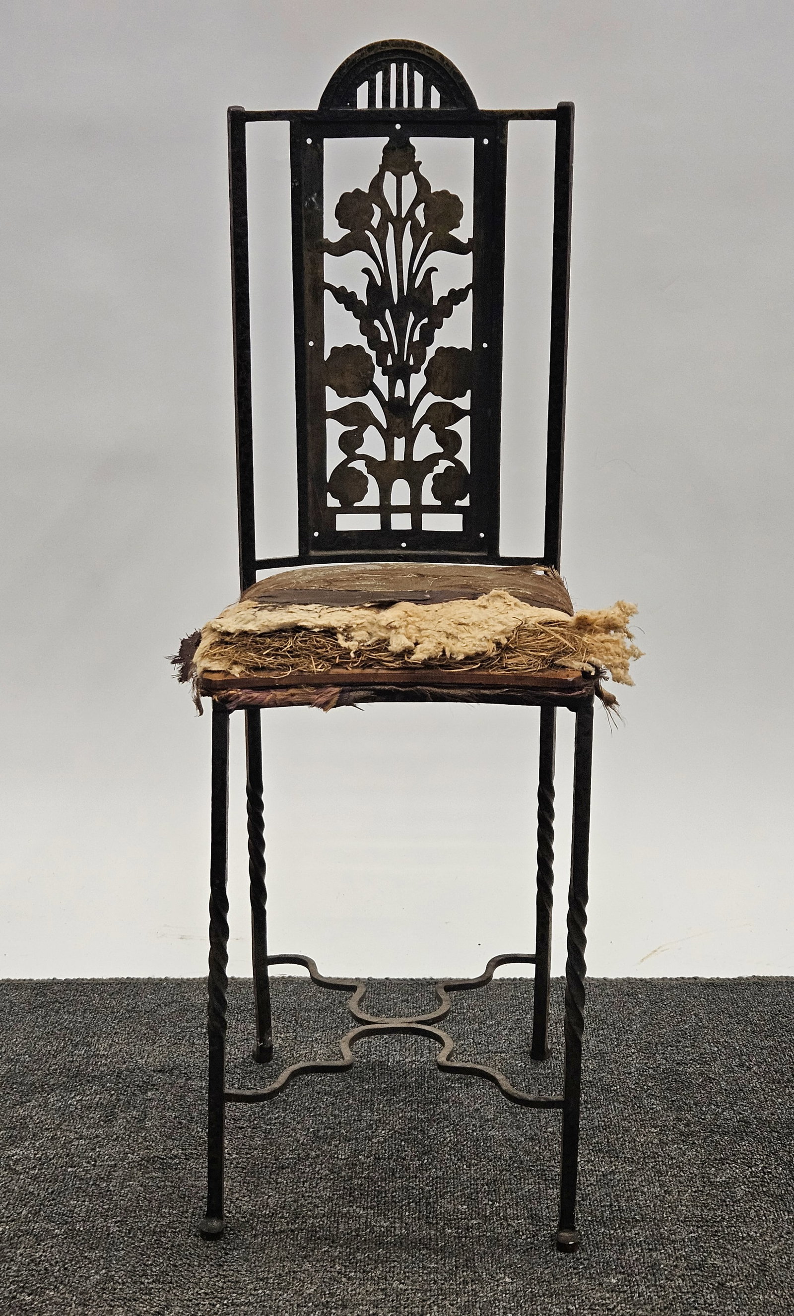 ART NOUVEAU TELEPHONE CHAIR: Cast bronze and mixed metal; H-33"xW-11"; back splat appears to have been upholstered, seat rough, F