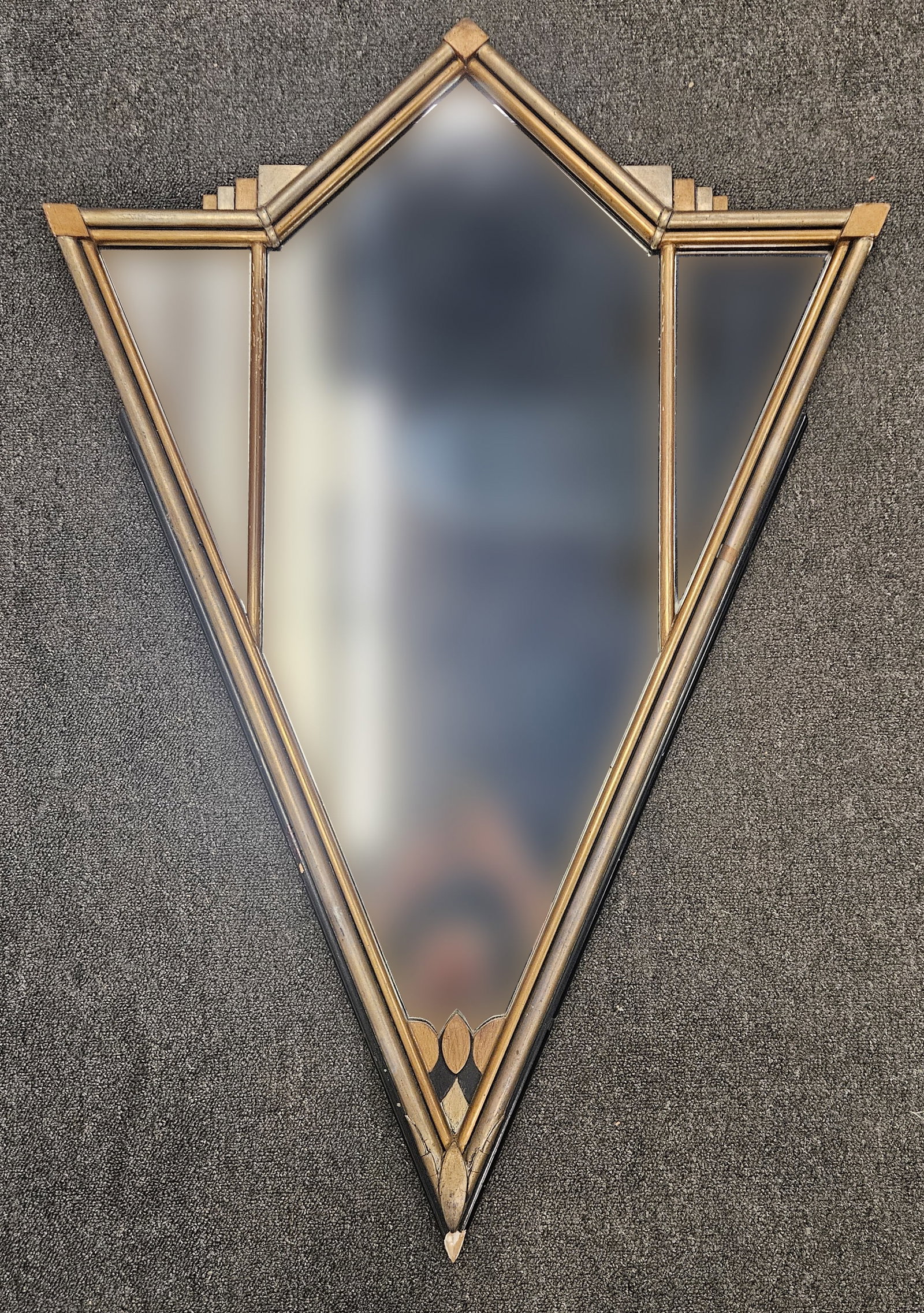DECO WALL MIRROR: Painted wood (3) light geometric form mirror; paper label (F.B.); H-42"xW-29"; minor chips and losses, G
