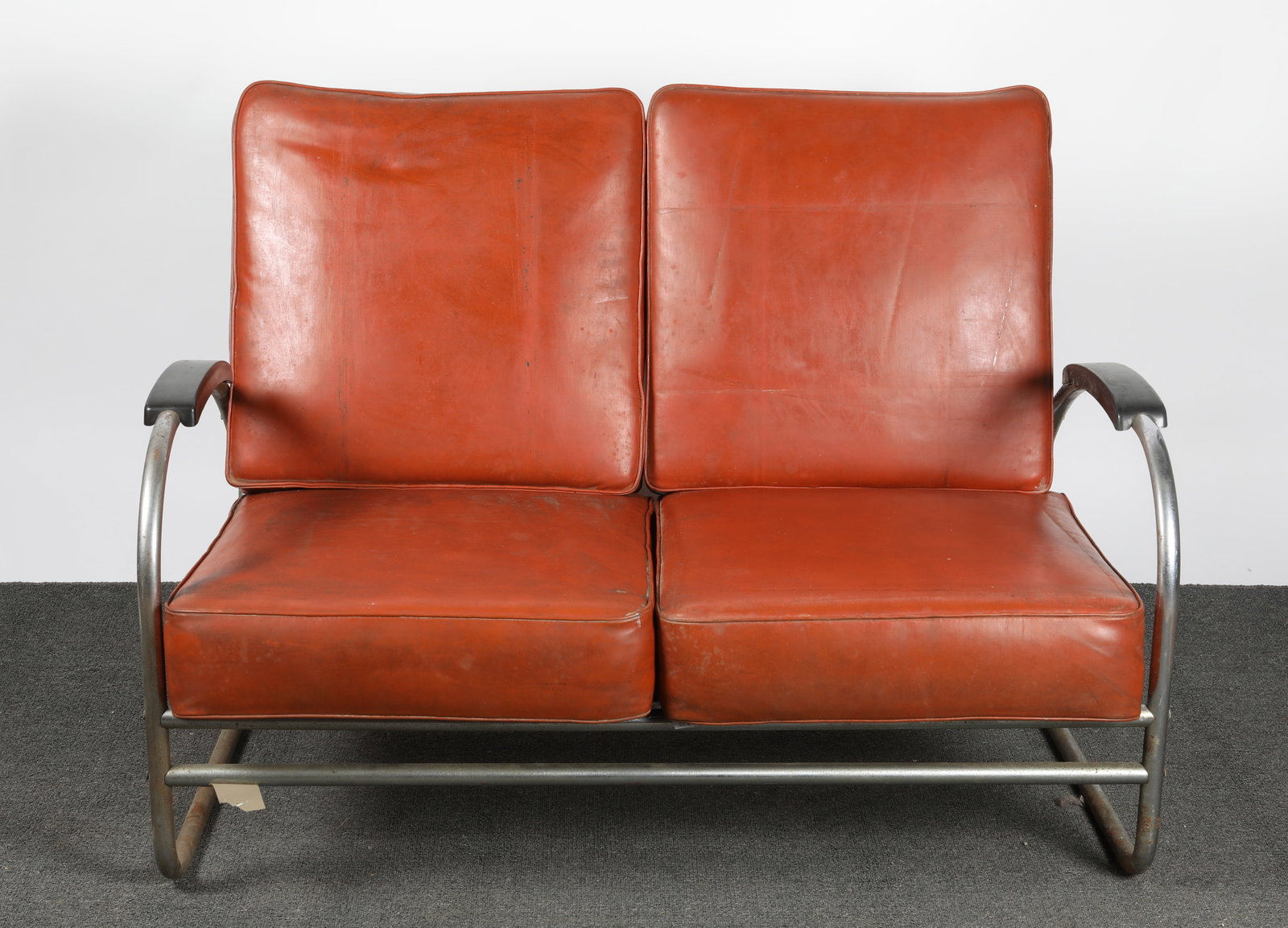 DECO CHROME SETTEE: Royal Metal Mfg. Co. - Tubular chrome; molded arm rests; H-32"xW-46"; wear, chrome pitting on base, F