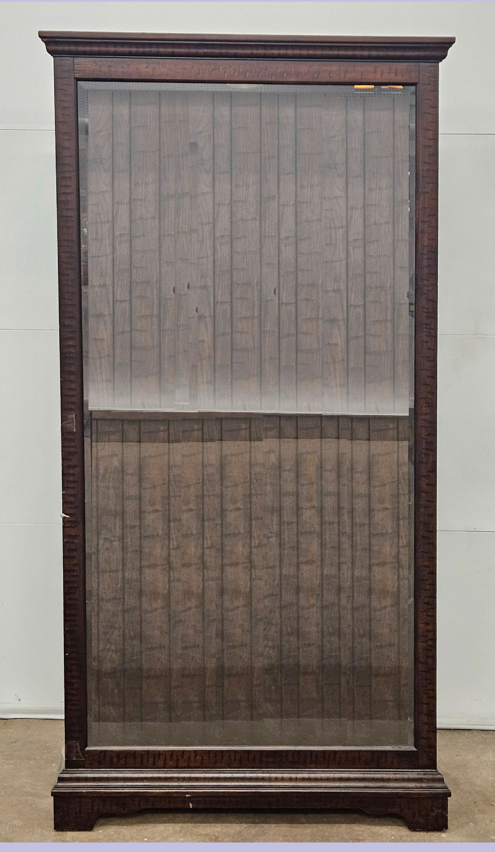 MODERN CURIO CABINET: Distressed mixed wood; beveled glass top and bottom opening side doors; lights; glass shelves; H-80"xW-38"xD-13"; normal wear, VG
