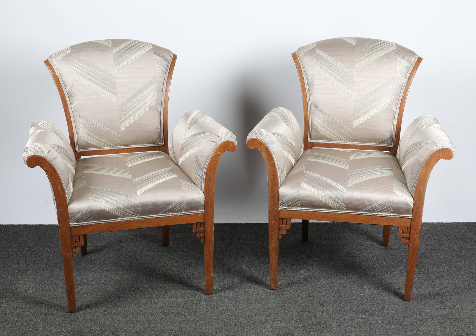 ART DECO PAGODA STYLE CHAIRS: Stained wood and upholstered flared back armchairs; H-36"xW-29"; upholstery appears good, wood frame has scratches, G-G+