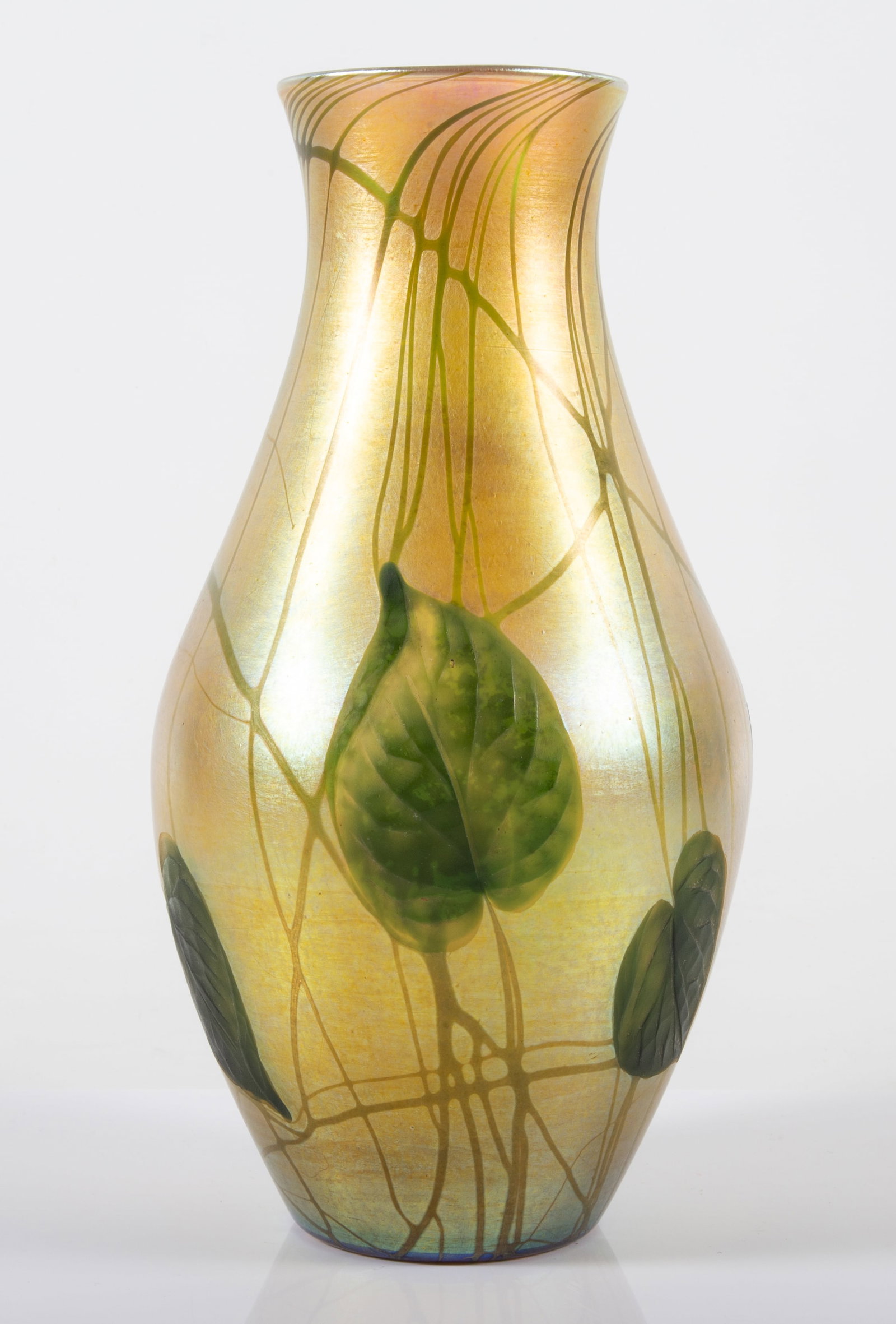 TIFFANY FAVRILE VASE: "Leaf and Vine"; marked on base; H-9 1/2"; inside needs cleaning; normal wear, EX