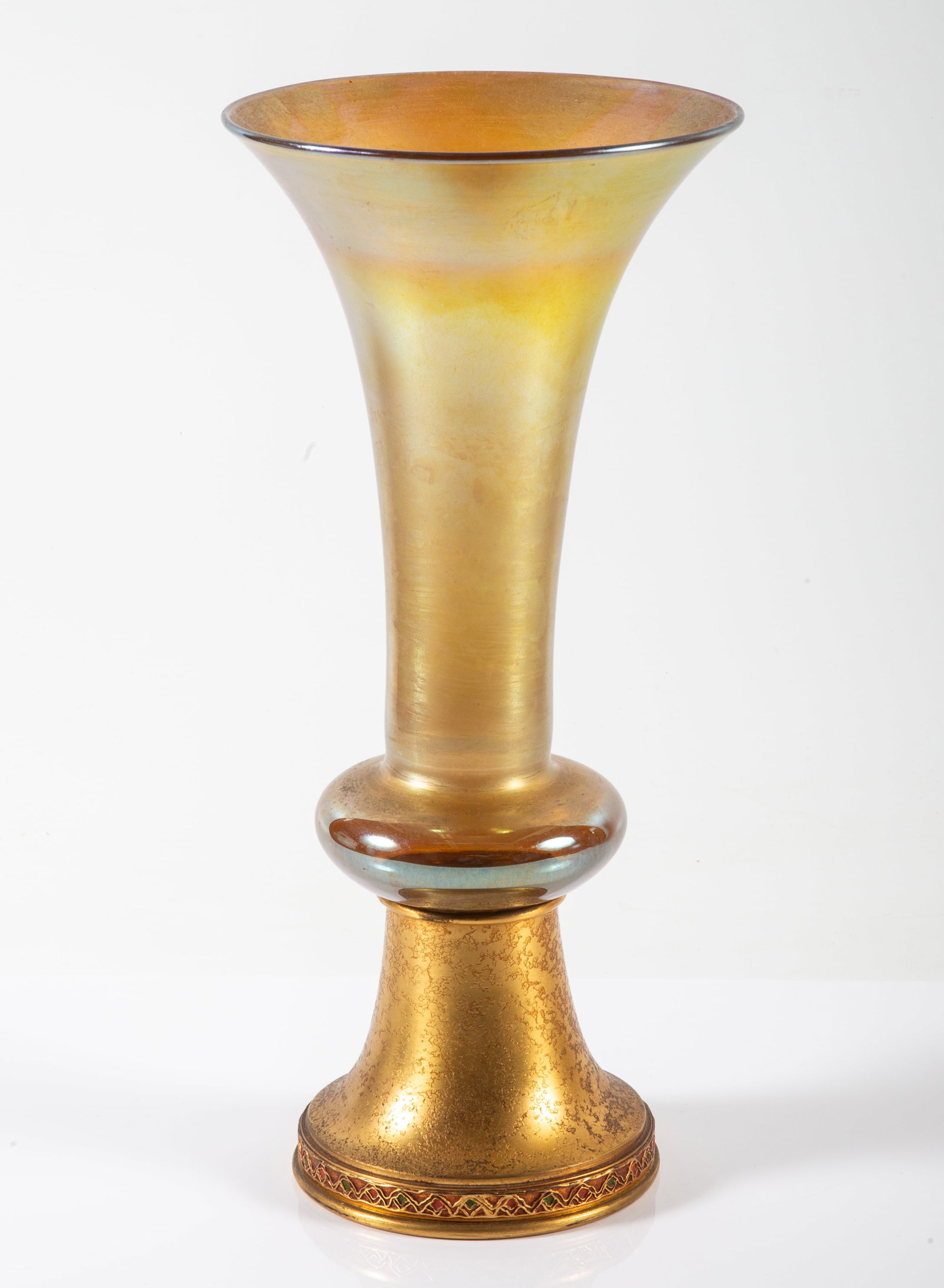 L.C. TIFFANY FURNACES VASE: Favrile; model 164; trumpet style; metal base; H-12 1/2"; normal wear, VG-EX