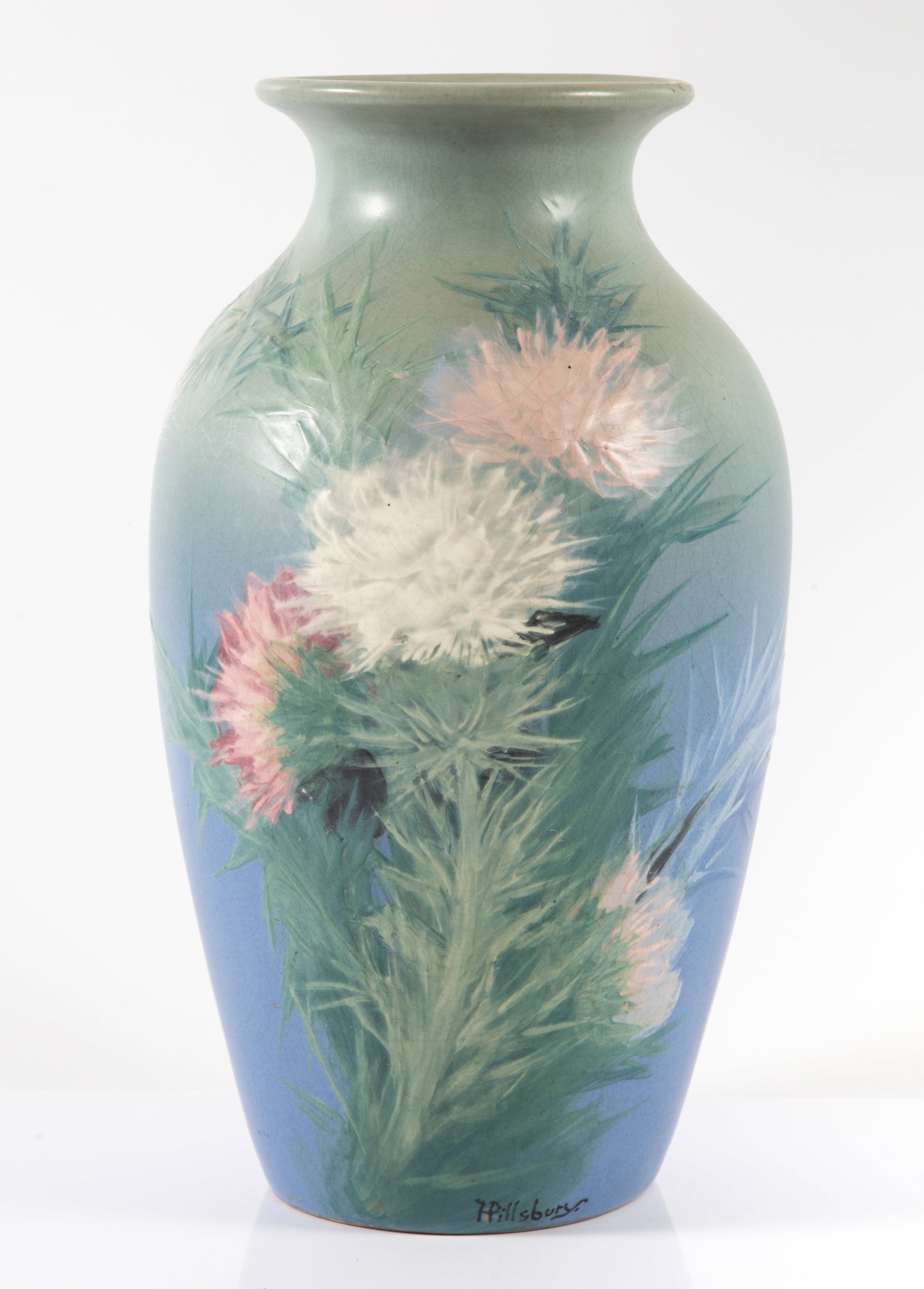 WELLER ART POTTERY VASE: Marked on bottom; signed Hester Pillsbury; matte glaze; floral relief pattern; H-12 1/2", VG-EX