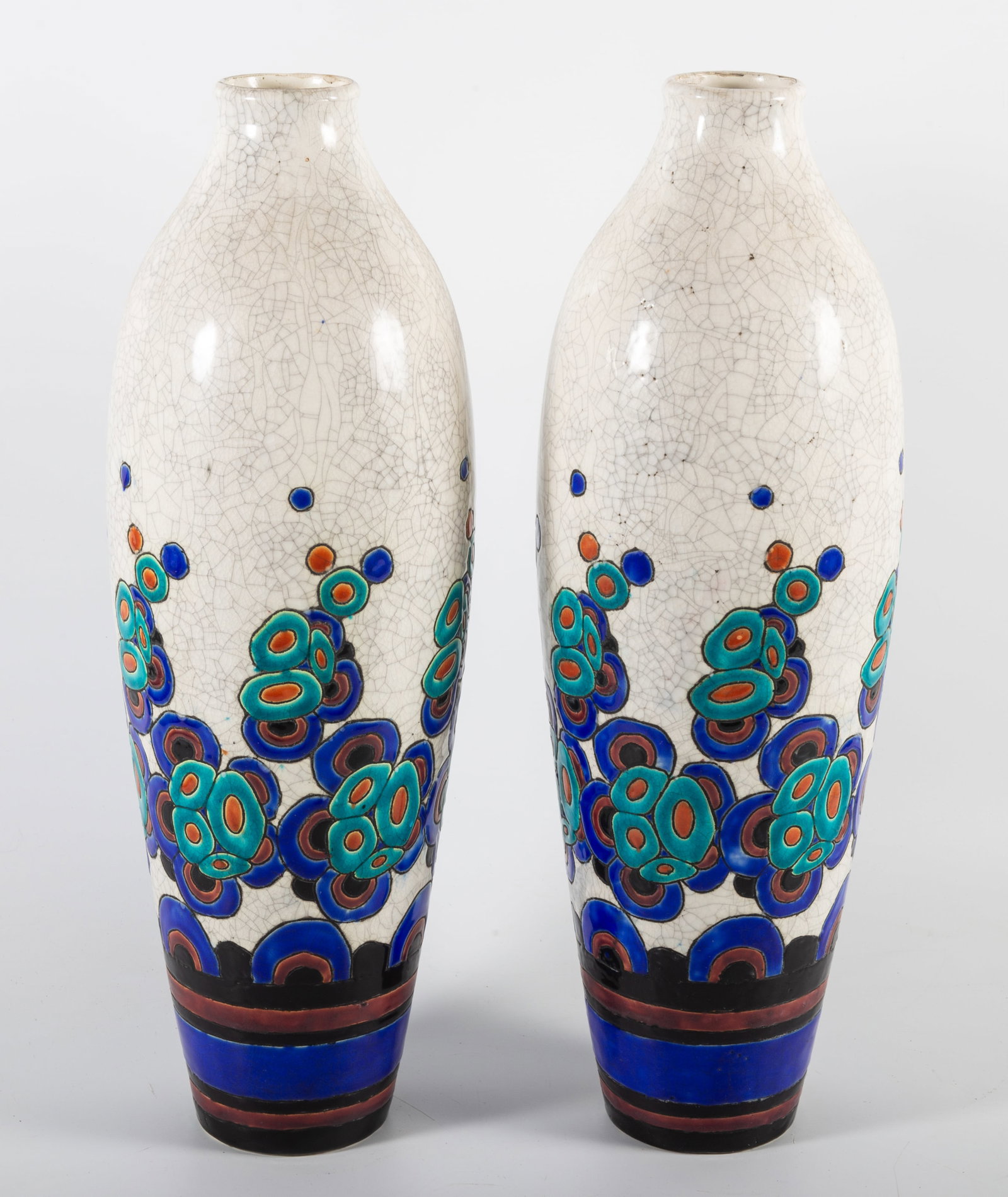 (2) CHARLES CATTEAU DECO VASES: Signed; pattern #D.946; crackle glaze/floral design; H-18 1/2"; normal wear, G-VG