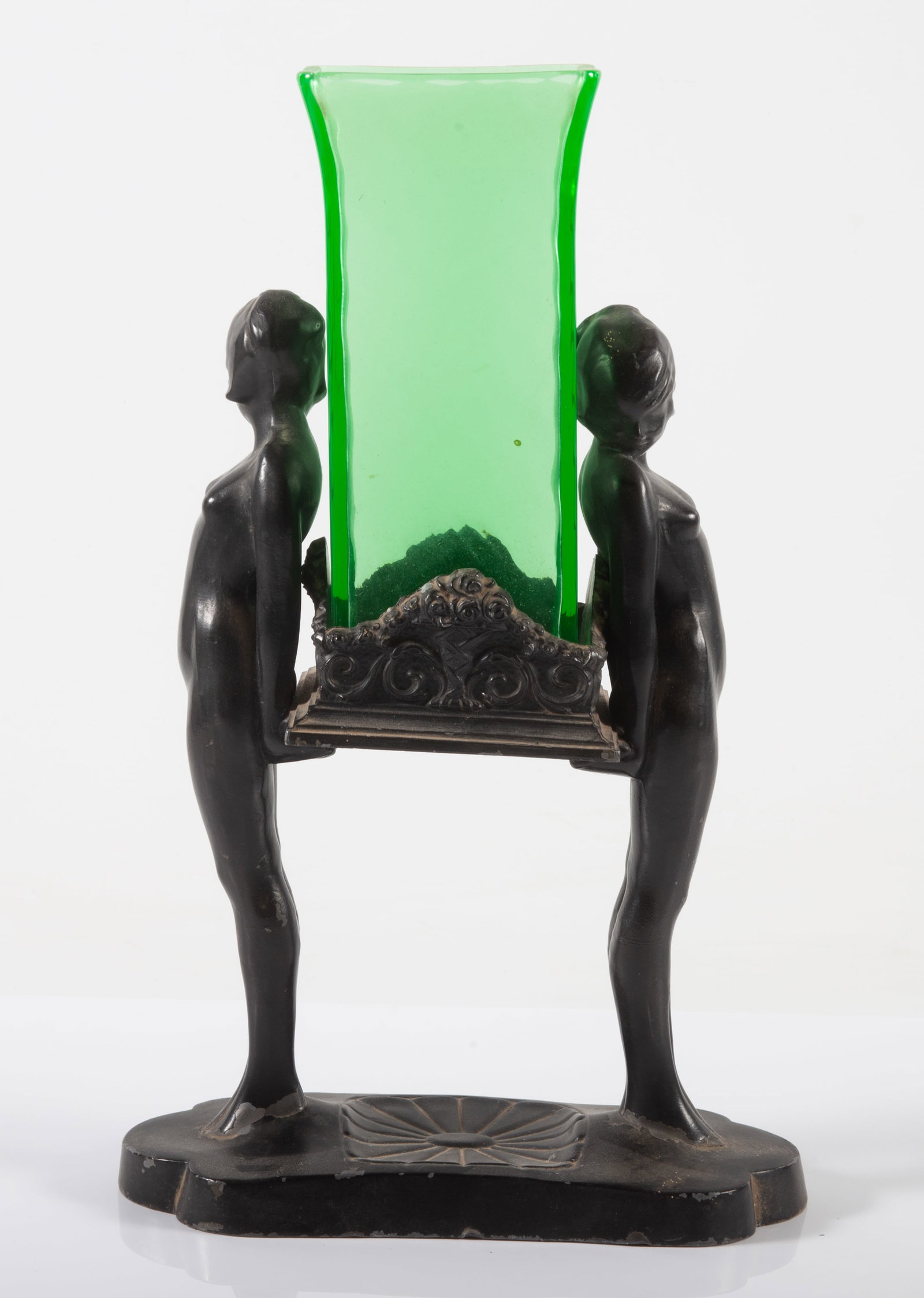 FRANKART ART DECO VASE: Metal figural base/green glass vase; original patination; H-11 1/2"xW-7"; minor finish loss; normal wear, G-G+