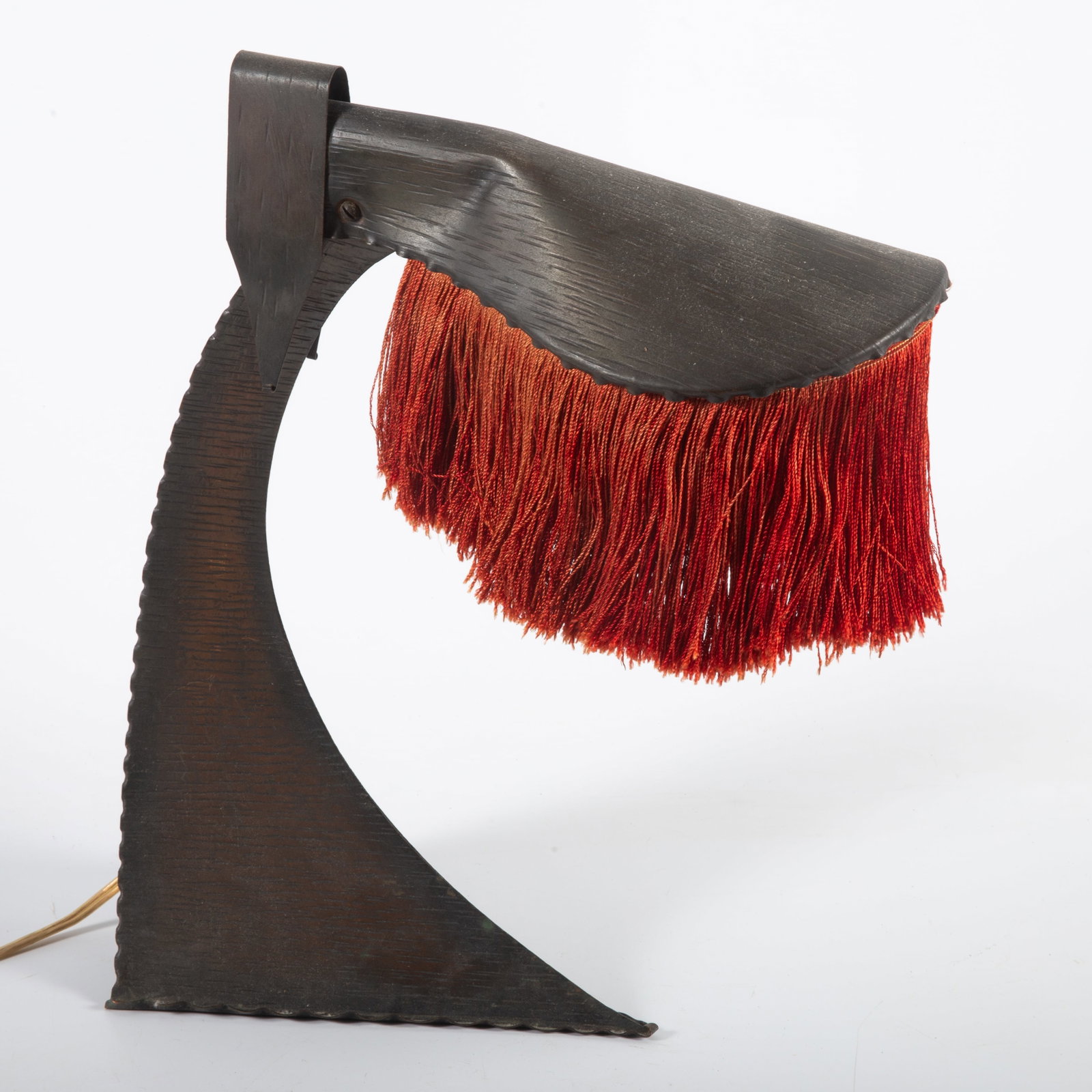 DECO AMSTERDAM SCHOOL LAMP: "Hendrik Methorst"(?); fringed copper desk lamp; original patina; has been rewired; H-14"xW-13"; normal wear, G-VG