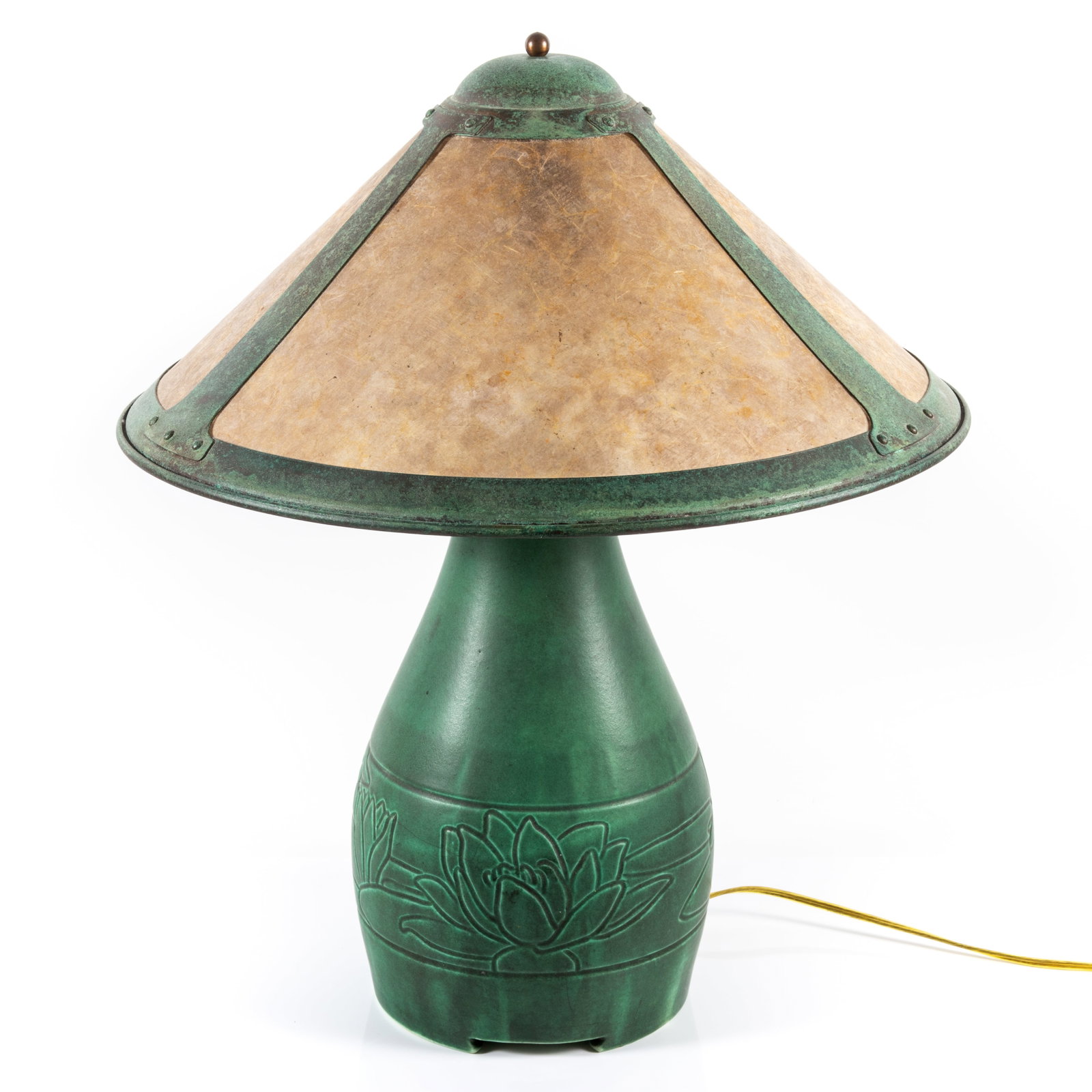 ROOKWOOD POTTERY LAMP: #649; copper and mica patinated shade; shade H-20 1/2"xDia-16 1/2"; crack in lamp base; normal wear, F-G
