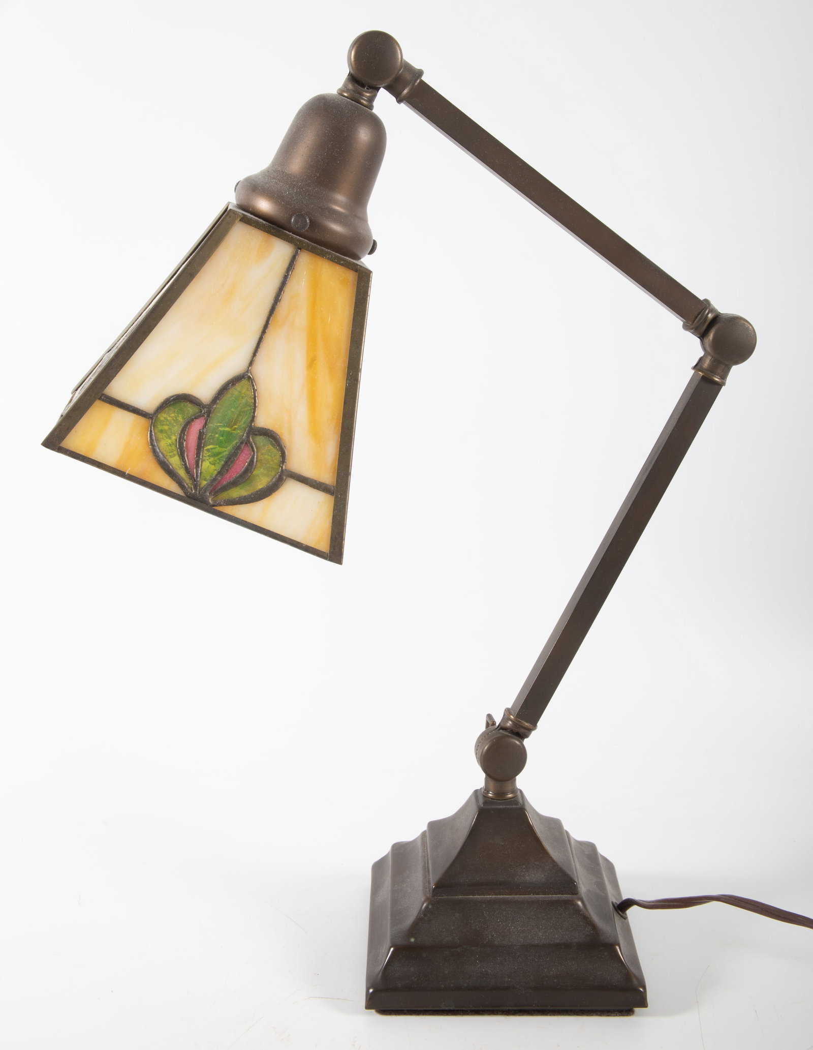 MISSION STYLE DESK LAMP: Swing arm; (4) sided stained glass shade; H-18.5"; normal wear, G-VG
