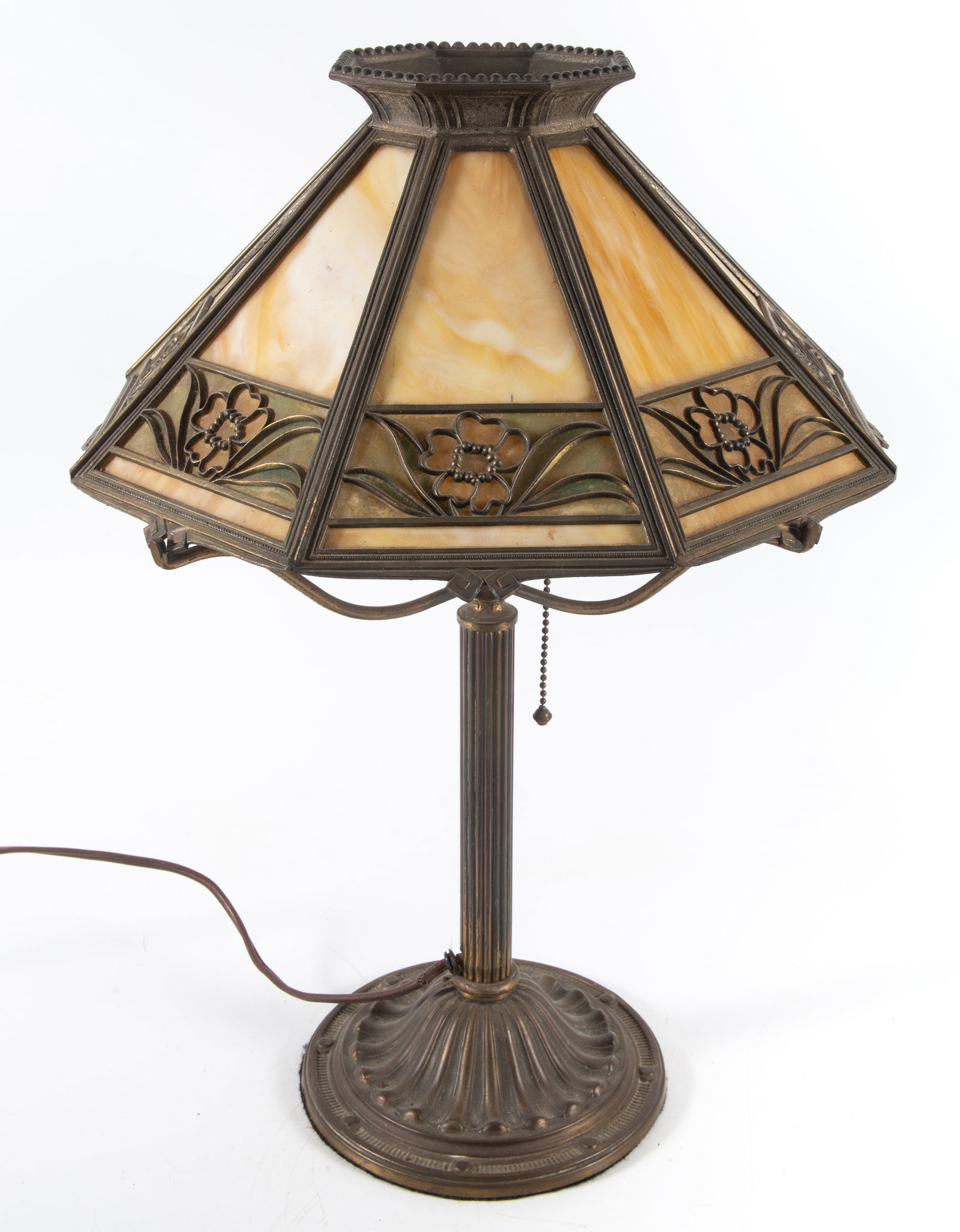 VINTAGE ART NOUVEAU TABLE LAMP: Slag glass with silhouette outline; patinated cast metal; H-19"; normal wear, G-VG