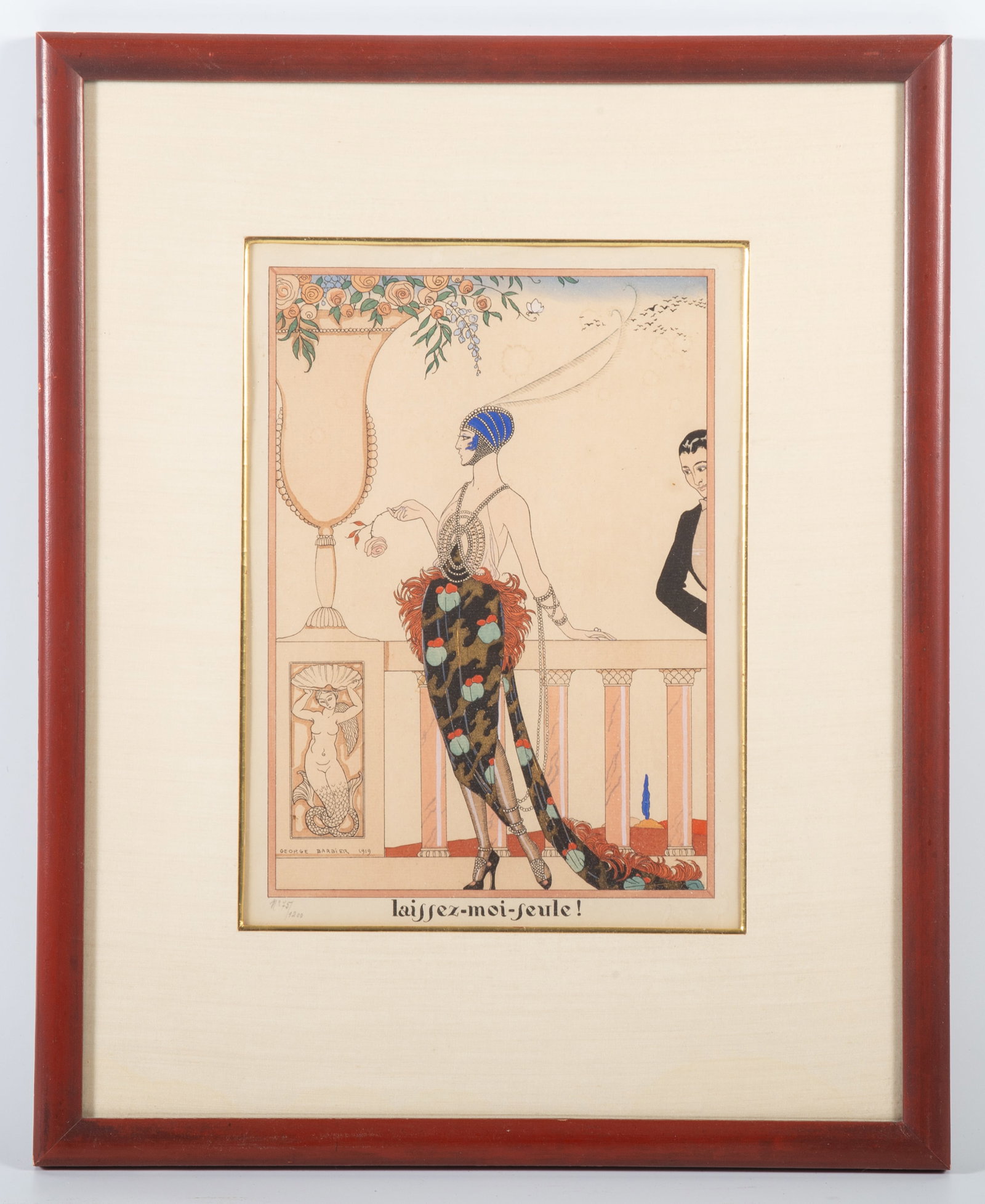 GEORGE BARBER DECO PRINT: Deco dressed lady with male admirer, 1919; #175/1200(?); image 10 1/2"x8" - frame 18"x14 1/2"; normal wear, VG
