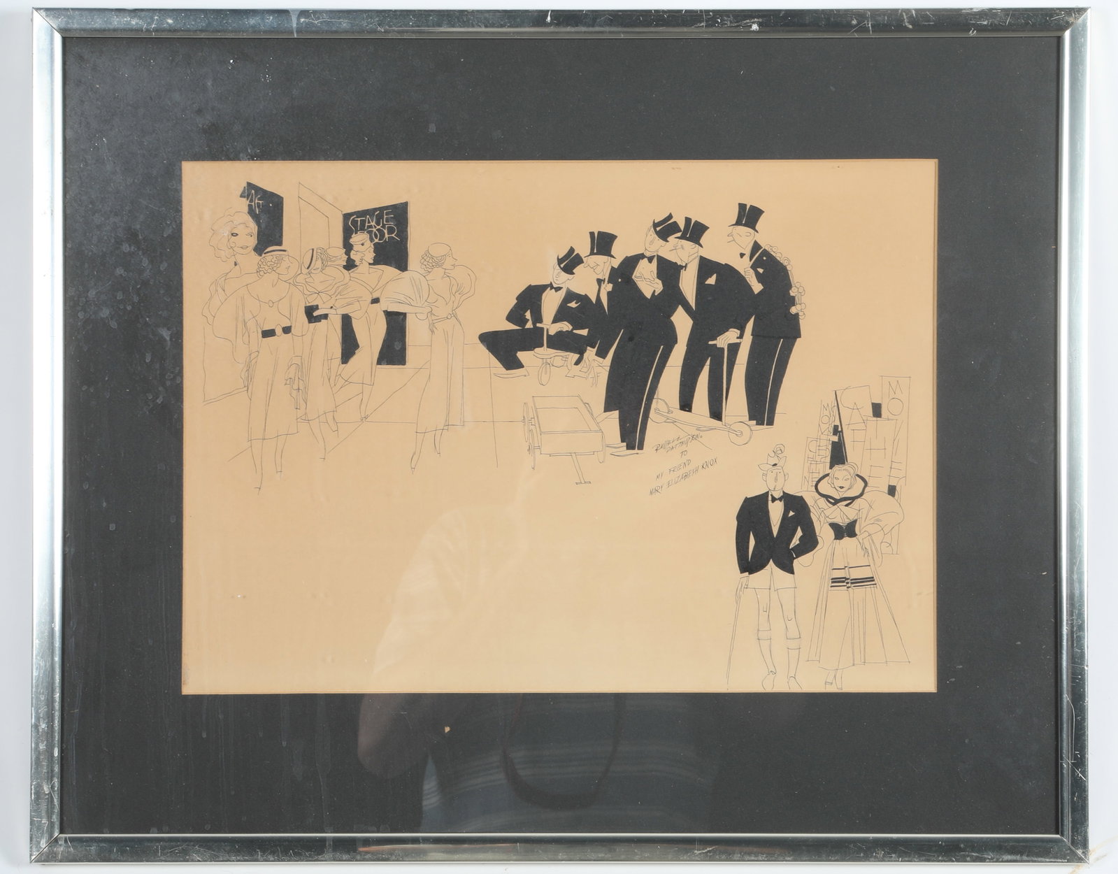 RUSSELL PATTERSON DRAWING: Pen and ink stage door scene; signed; inscribed to "Mary Elizabeth Knox"; image 13"x18" - matted frame 20"x25"; slight toning, G-VG