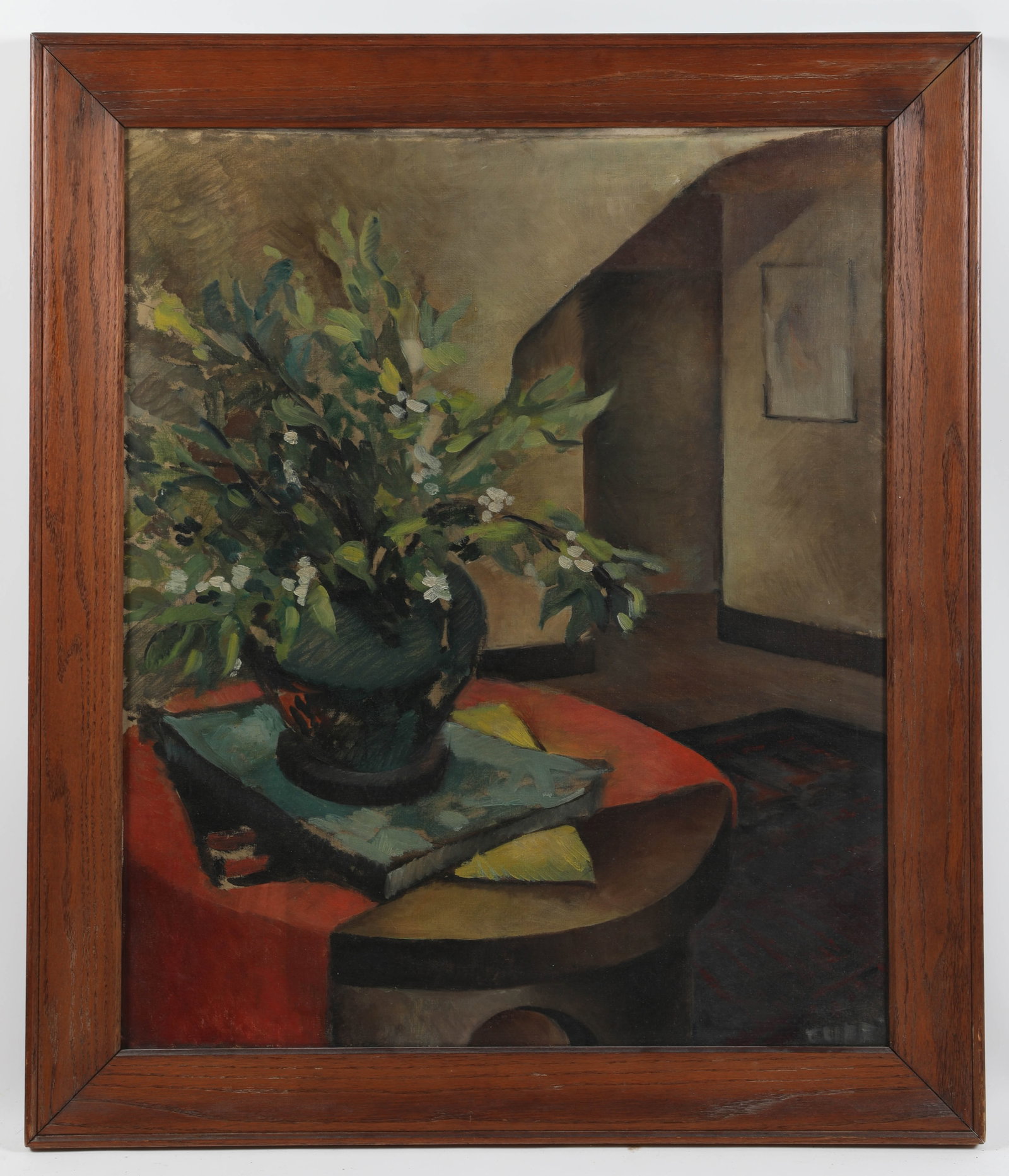 STILL LIFE OIL PAINTING: Floral arrangement on table; signed illegibly lower right; also labeled on reverse illegibly; image 30"x25" - frame 36"x31"; normal wear, G