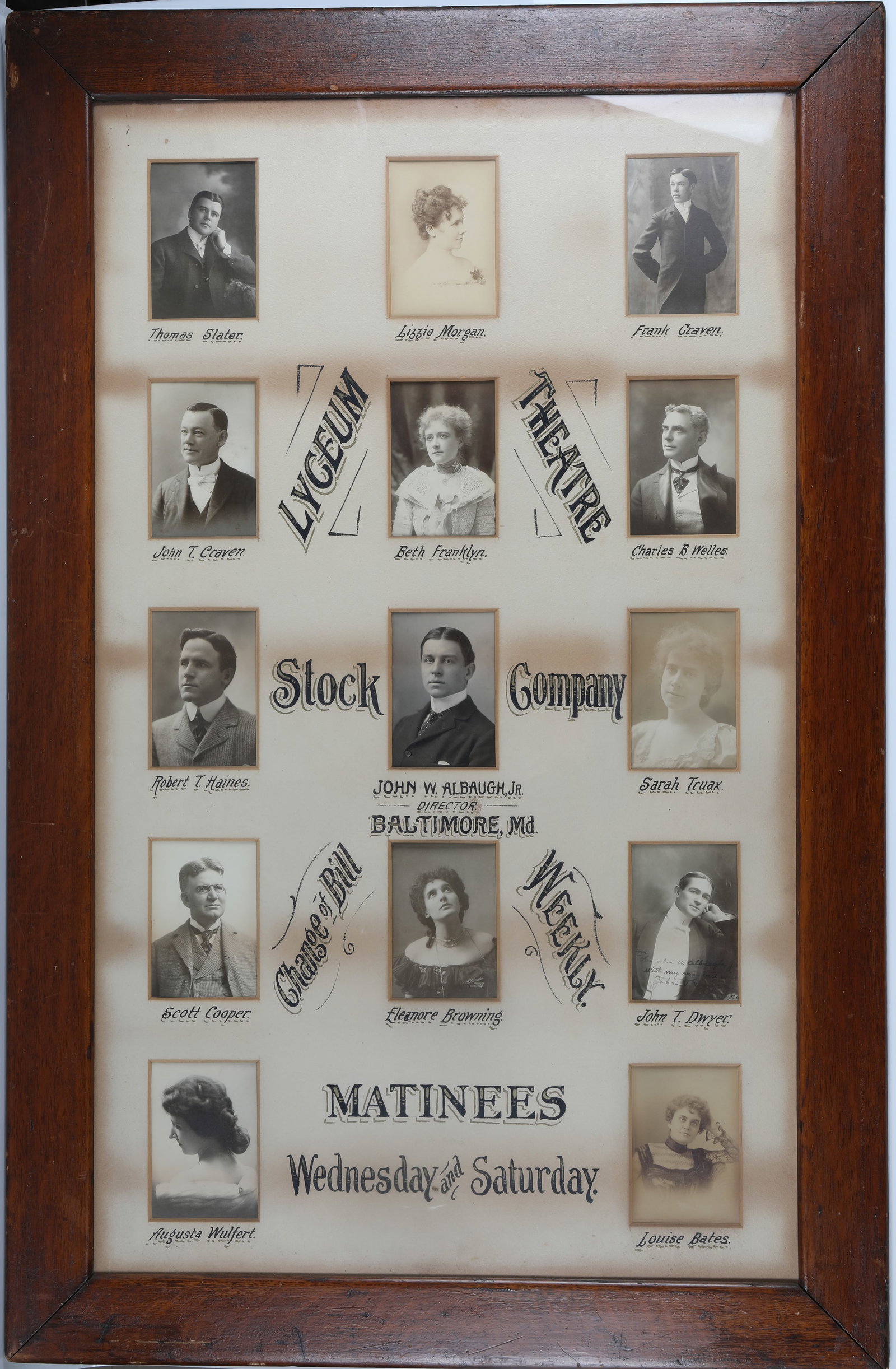 PROMOTIONAL POSTER: For Lyceum Theatre Baltimore, MD; features inset photos of actors and staff, John W. Arbaugh, Director; image 40"x24" - frame 46"x30"