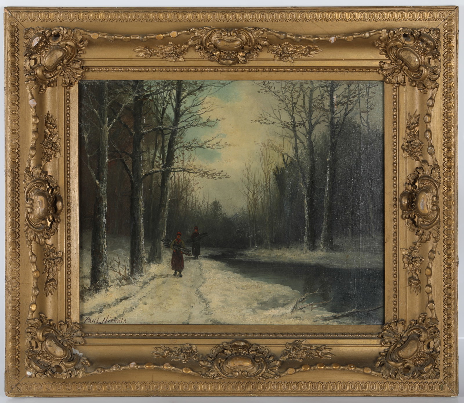 WINTER LANDSCAPE PAINTING: Oil on canvas; signed by Paul Nichols; image 19 1/2"x15 1/2" - frame 29"x24 1/2"