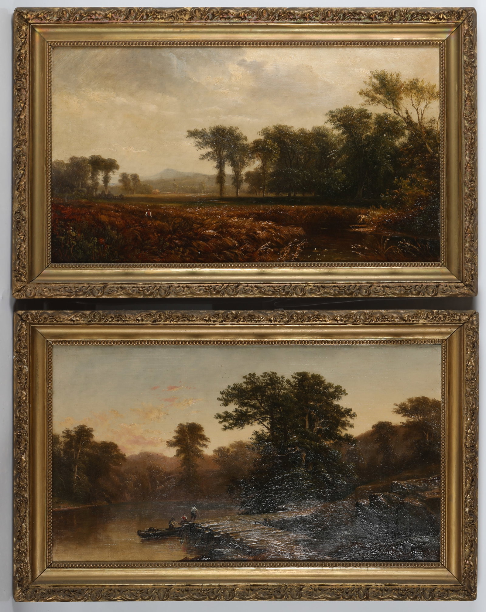 PAIR OF LANDSCAPE PAINTINGS: Oil on board; gilded frames; both unsigned; images 12 1/2"x22 1/2" - frames 27"x15", G-VG