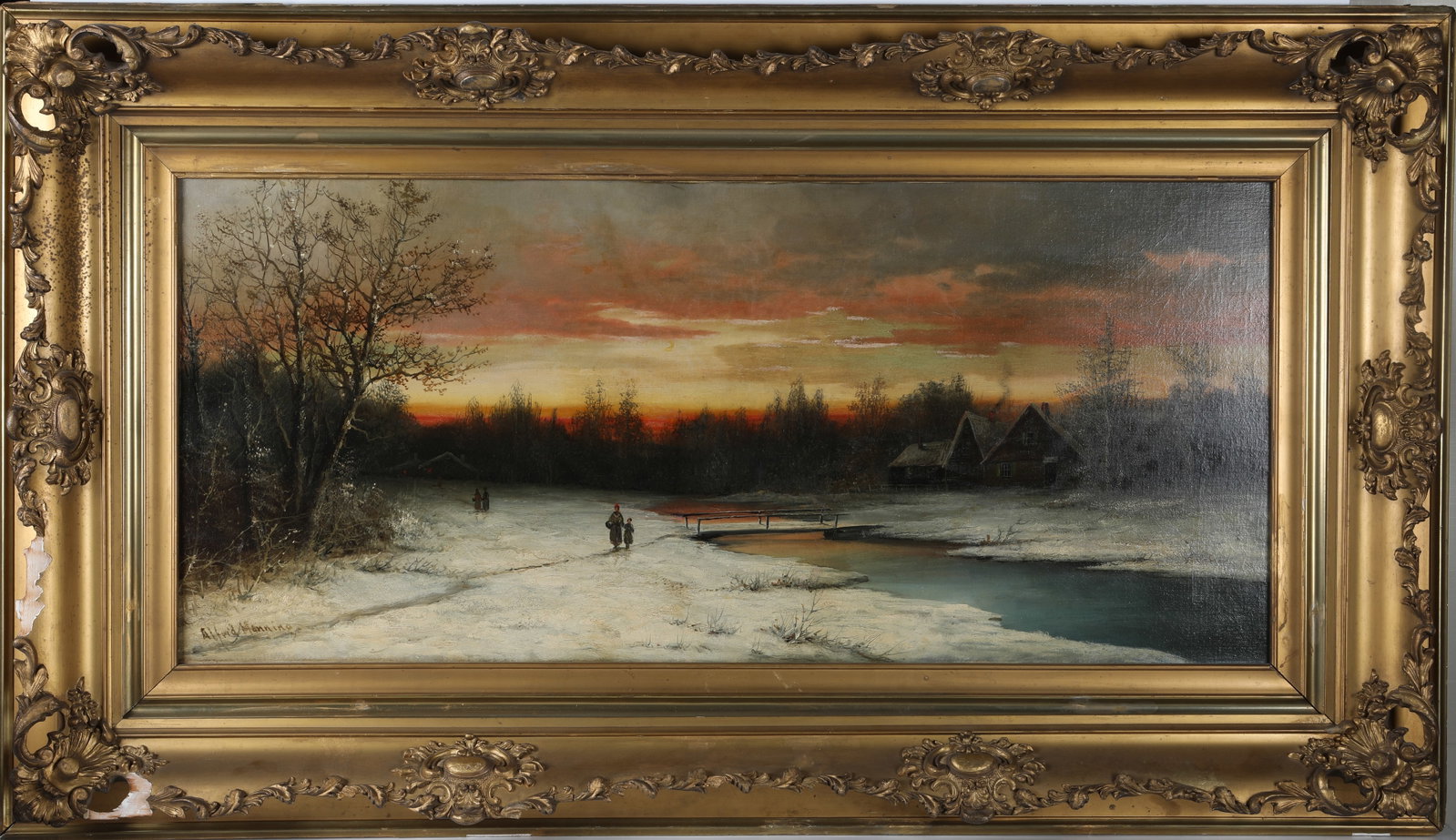 WINTER SCENE OIL PAINTING: Framed; signed Alfered Manning; image 17"x39 1/2" - frame 30"x52"; damage to frame